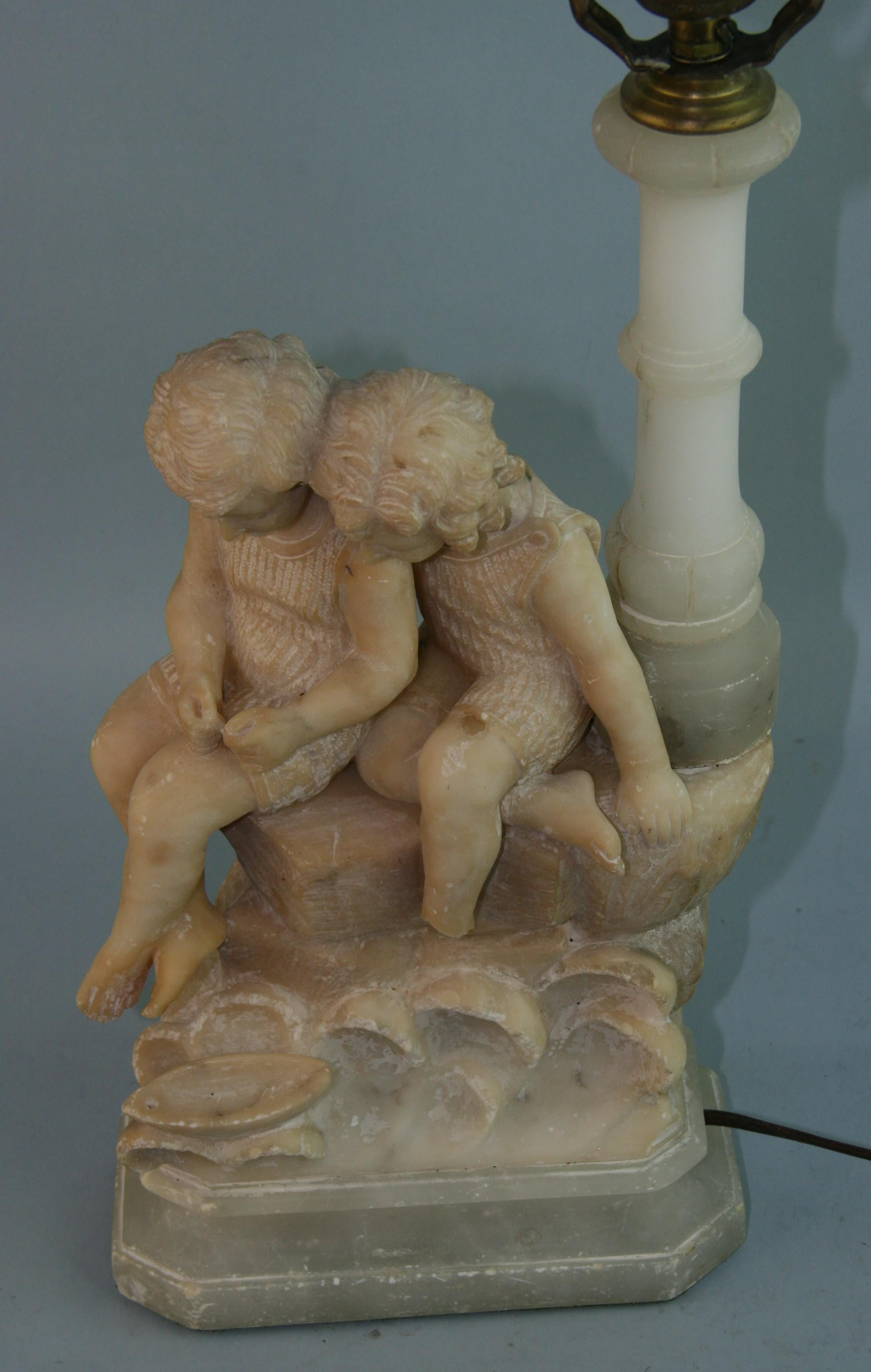 Italian Two Children Hand Carved Alabaster Table Lamp/Sculpture, 1920's For Sale 3