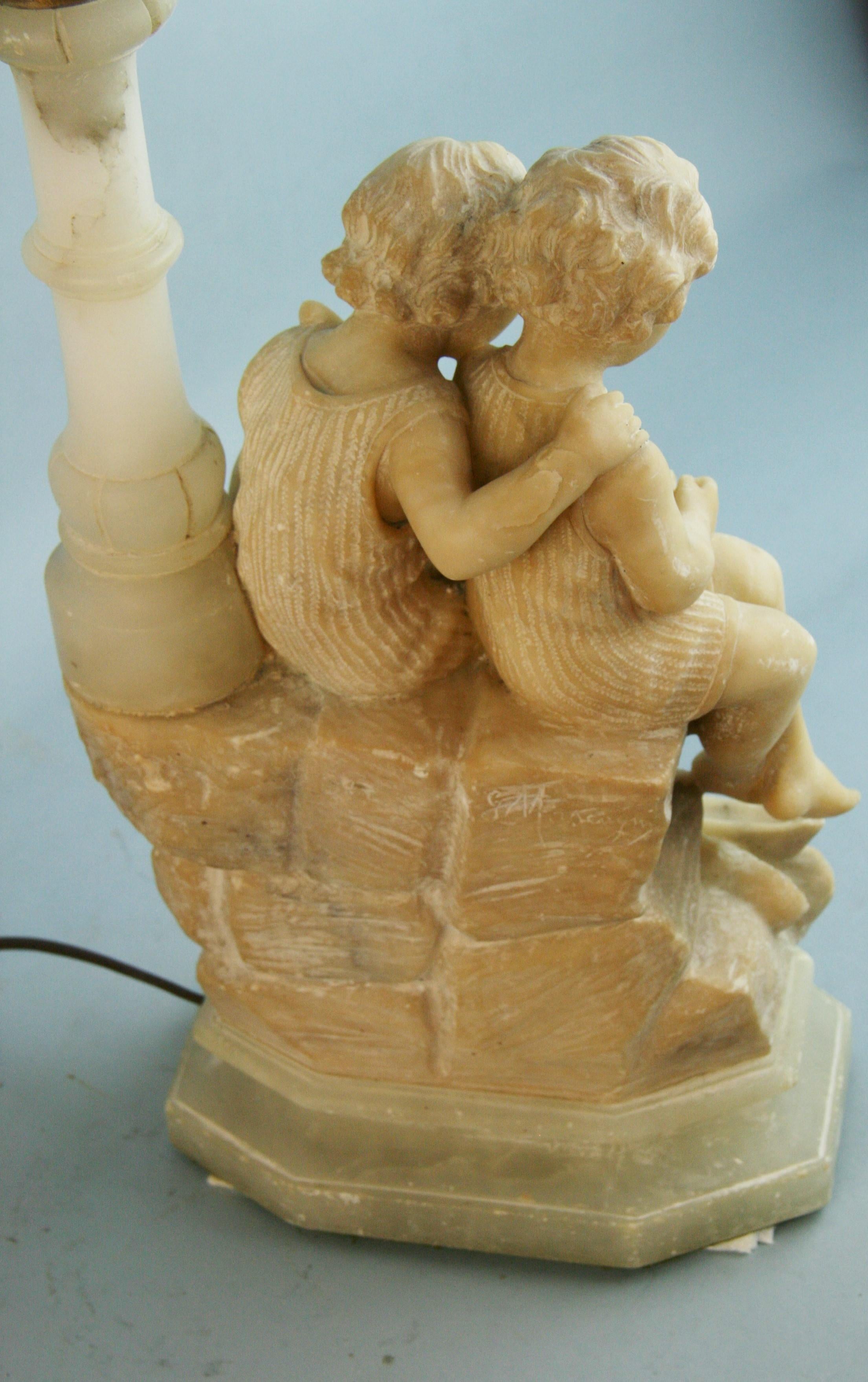 Italian Two Children Hand Carved Alabaster Table Lamp/Sculpture, 1920's For Sale 4