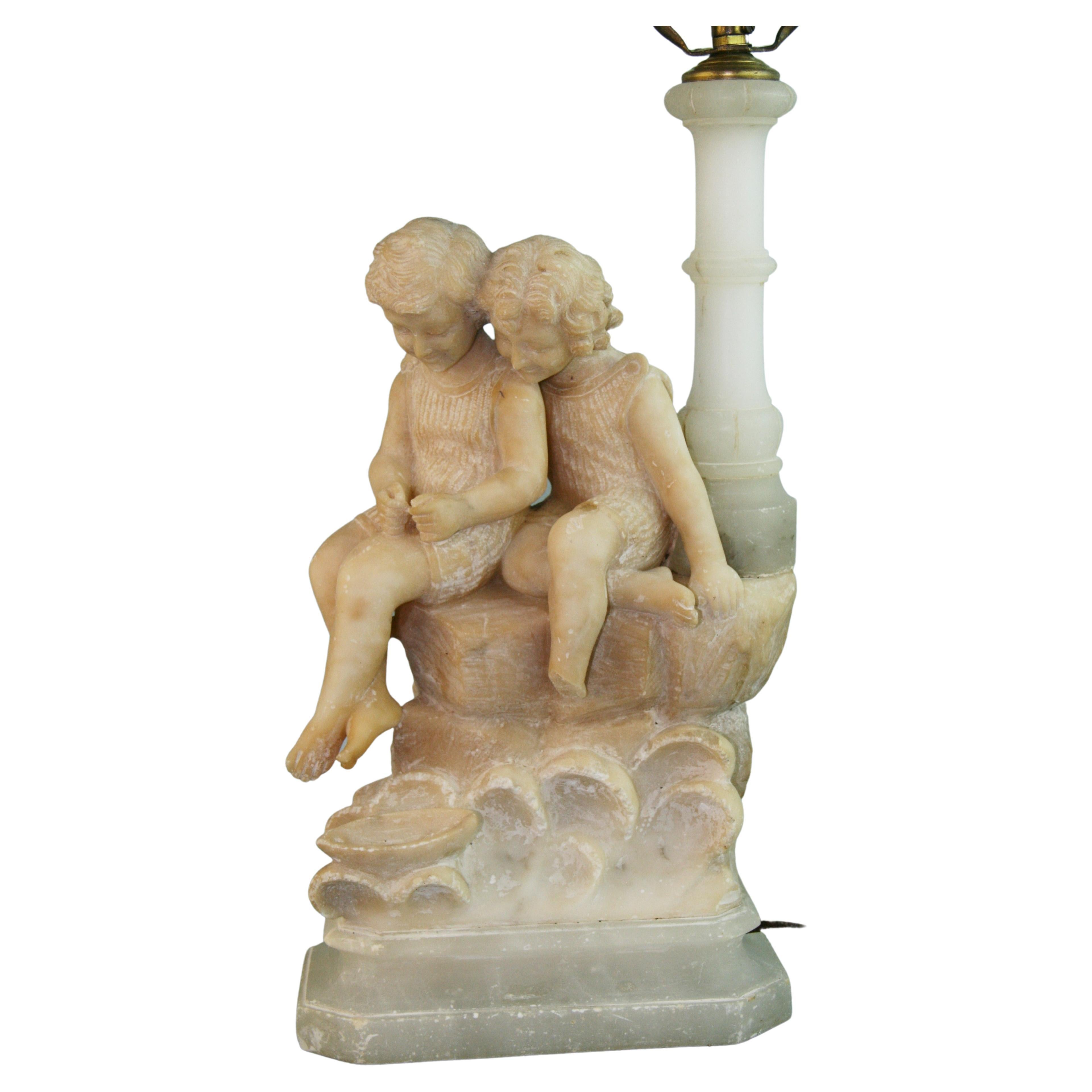 Italian Two Children Hand Carved Alabaster Table Lamp/Sculpture, 1920's For Sale