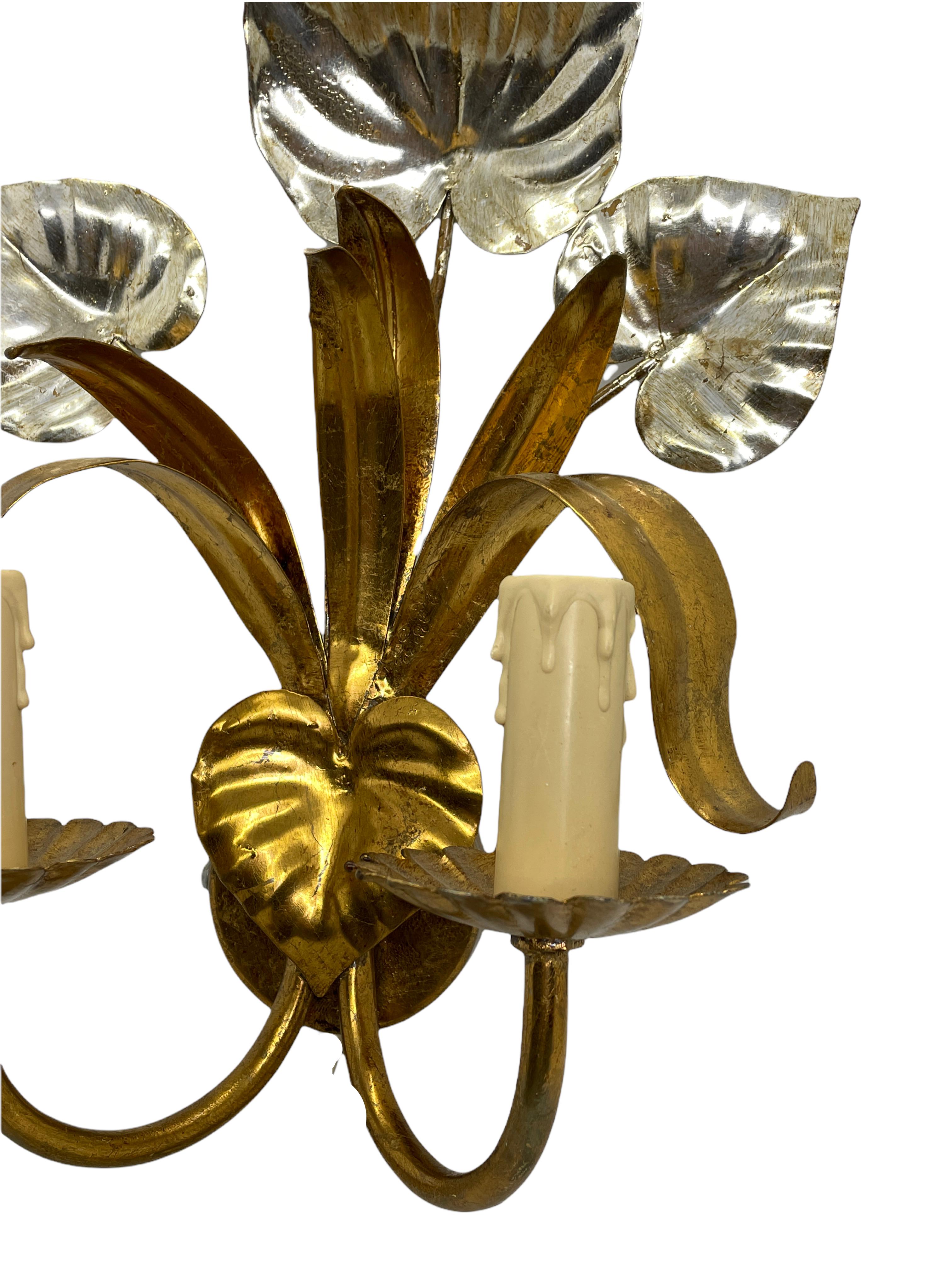 Mid-20th Century Italian Two-Light Tole Sconce Gilded and Silvered Metal, Hollywood Regency 1960s For Sale