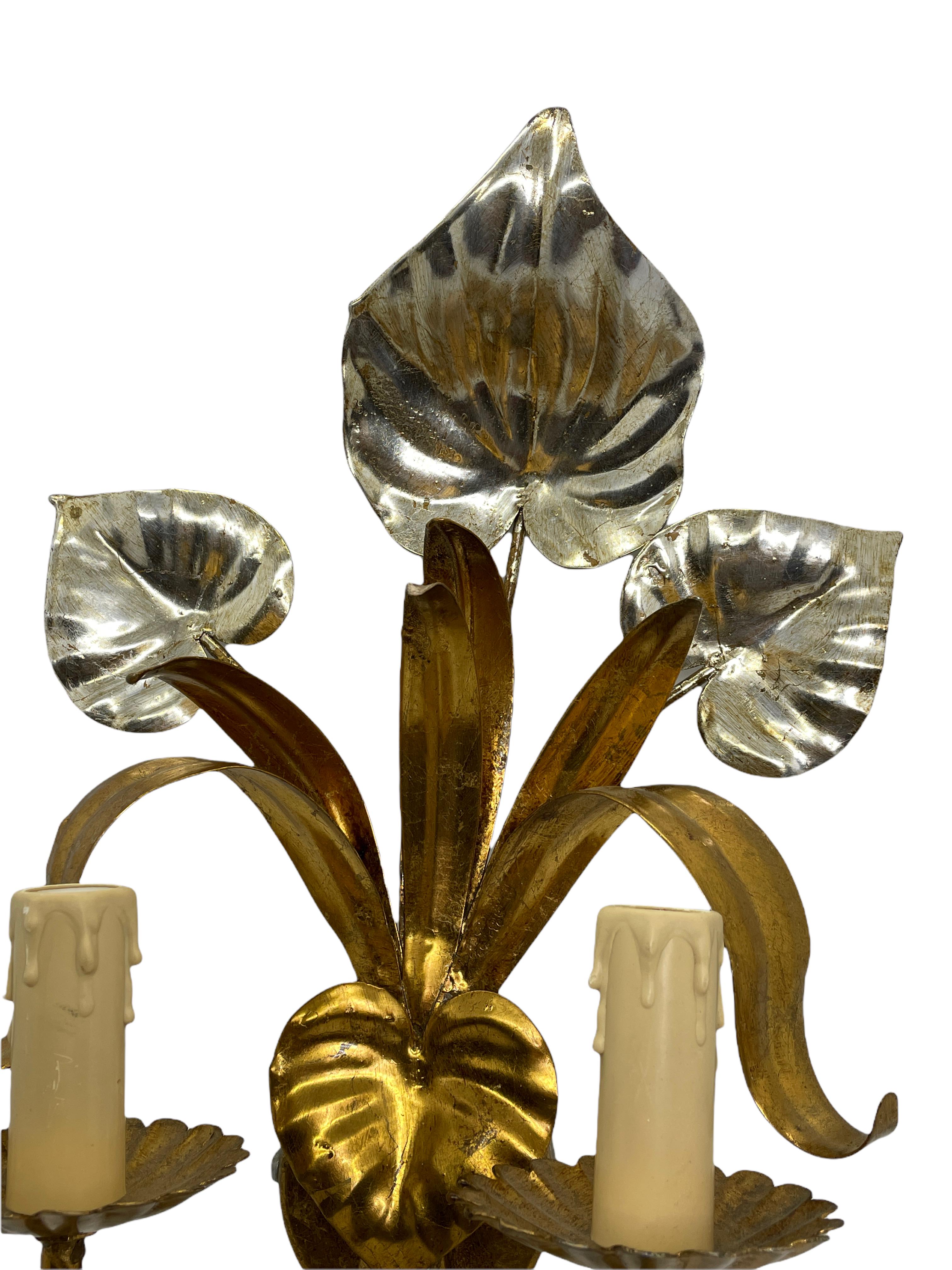 Italian Two-Light Tole Sconce Gilded and Silvered Metal, Hollywood Regency 1960s For Sale 1