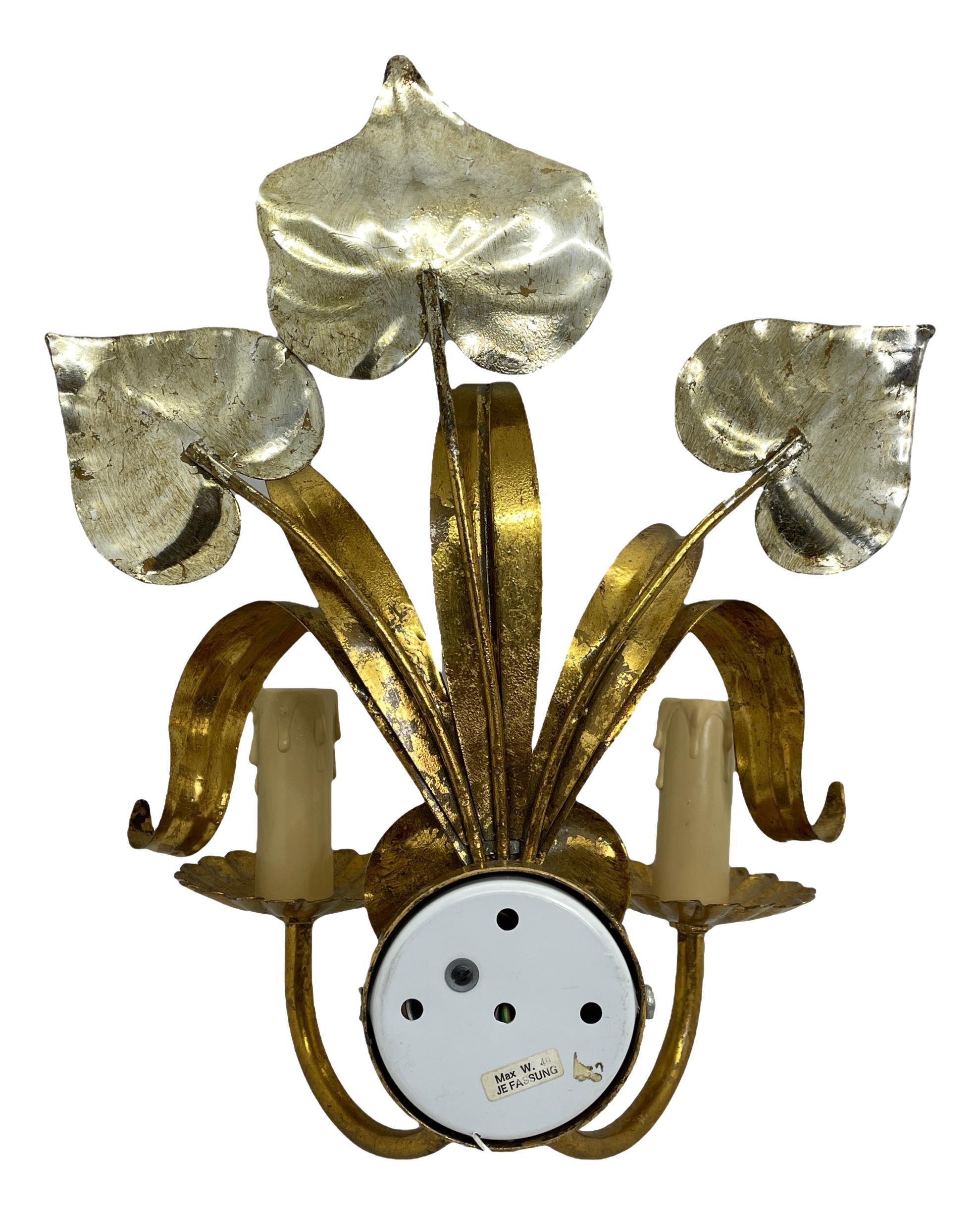 Italian Two-Light Tole Sconce Gilded and Silvered Metal, Hollywood Regency 1960s For Sale 3