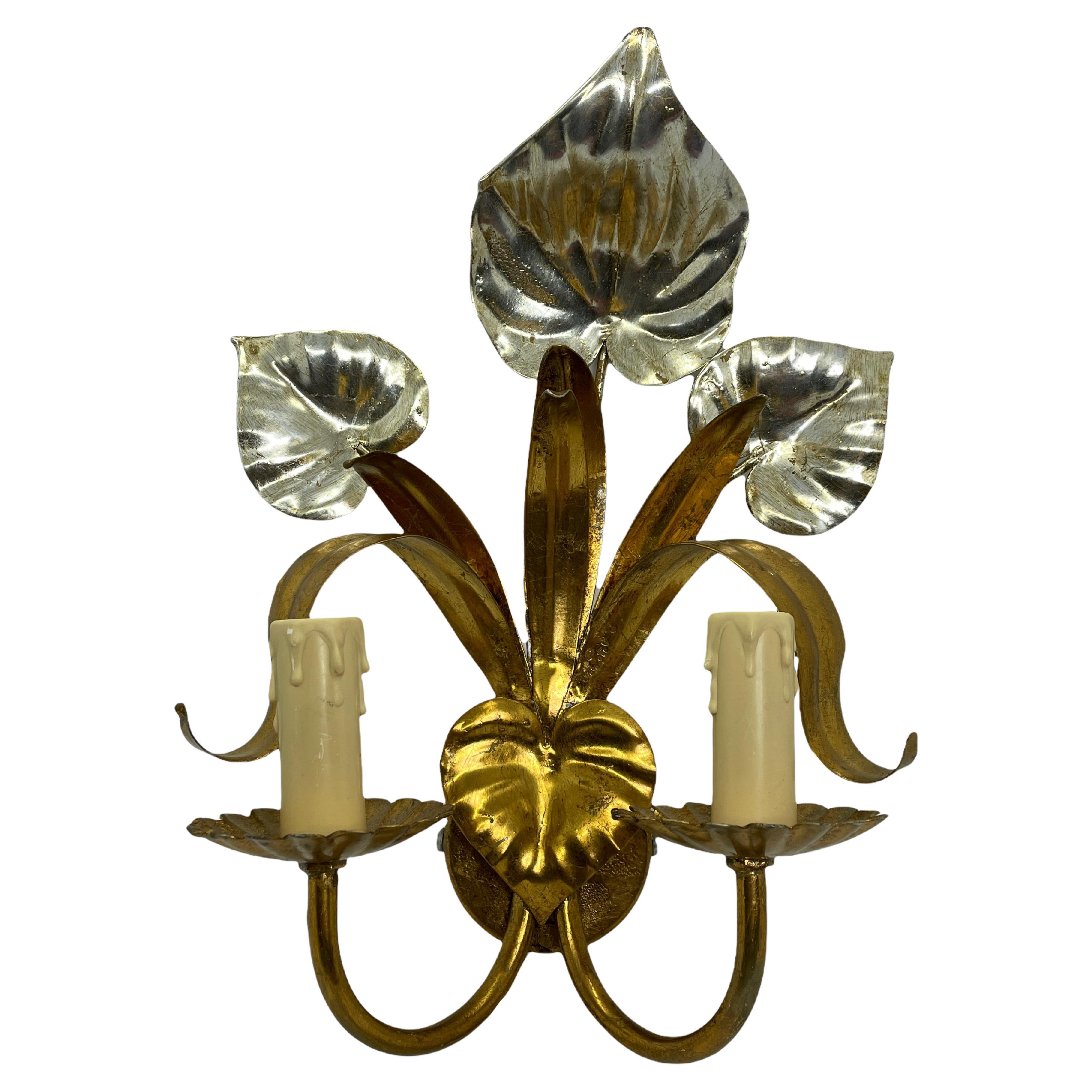 Italian Two-Light Tole Sconce Gilded and Silvered Metal, Hollywood Regency 1960s For Sale