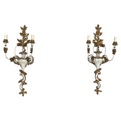 Italian two light wall lamps in wood with gold finish, 1700s