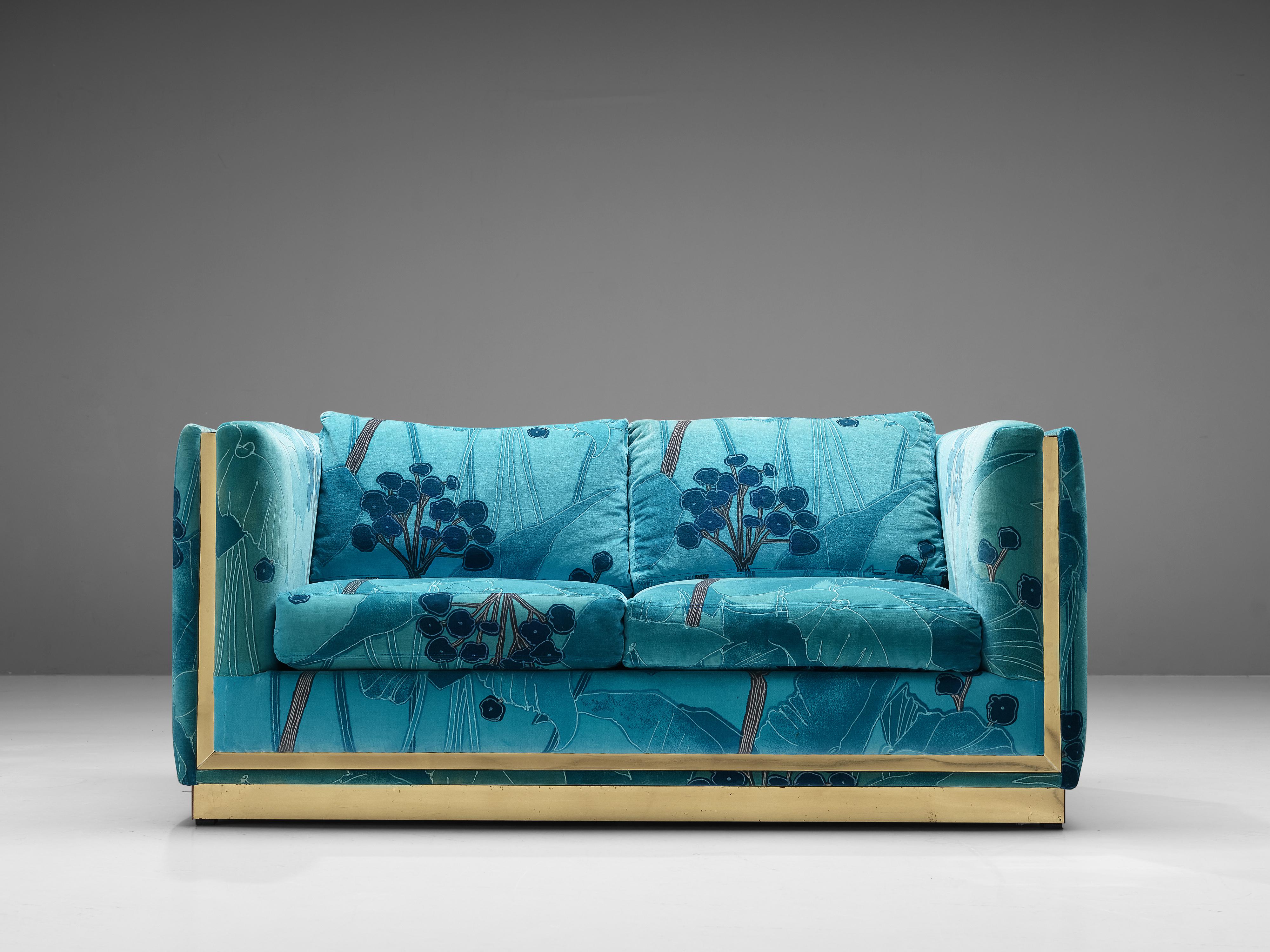 Post-Modern Italian Two-Seat Sofa in Blue and Turquoise Flower Upholstery