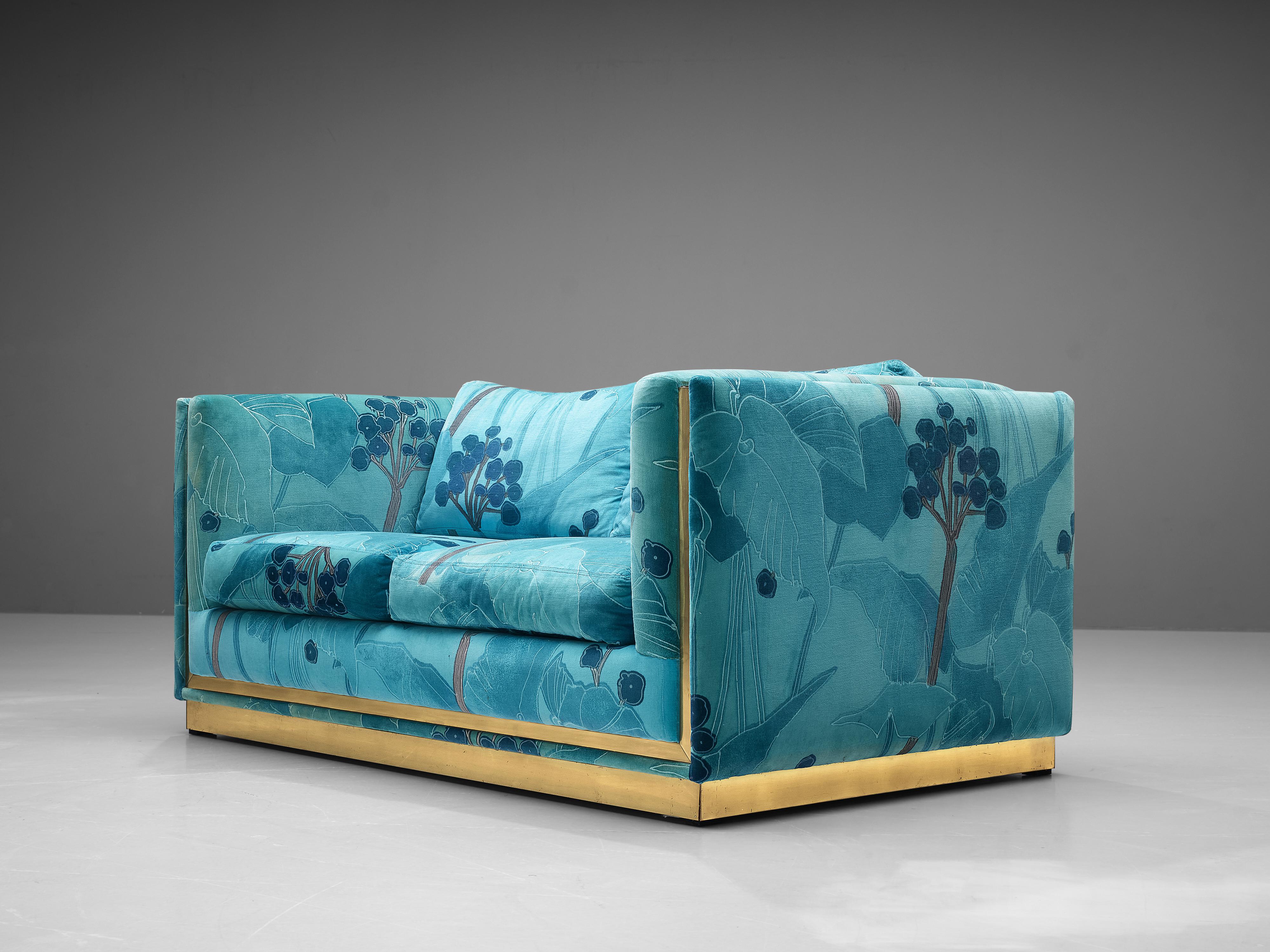 Late 20th Century Italian Two-Seat Sofa in Blue and Turquoise Flower Upholstery