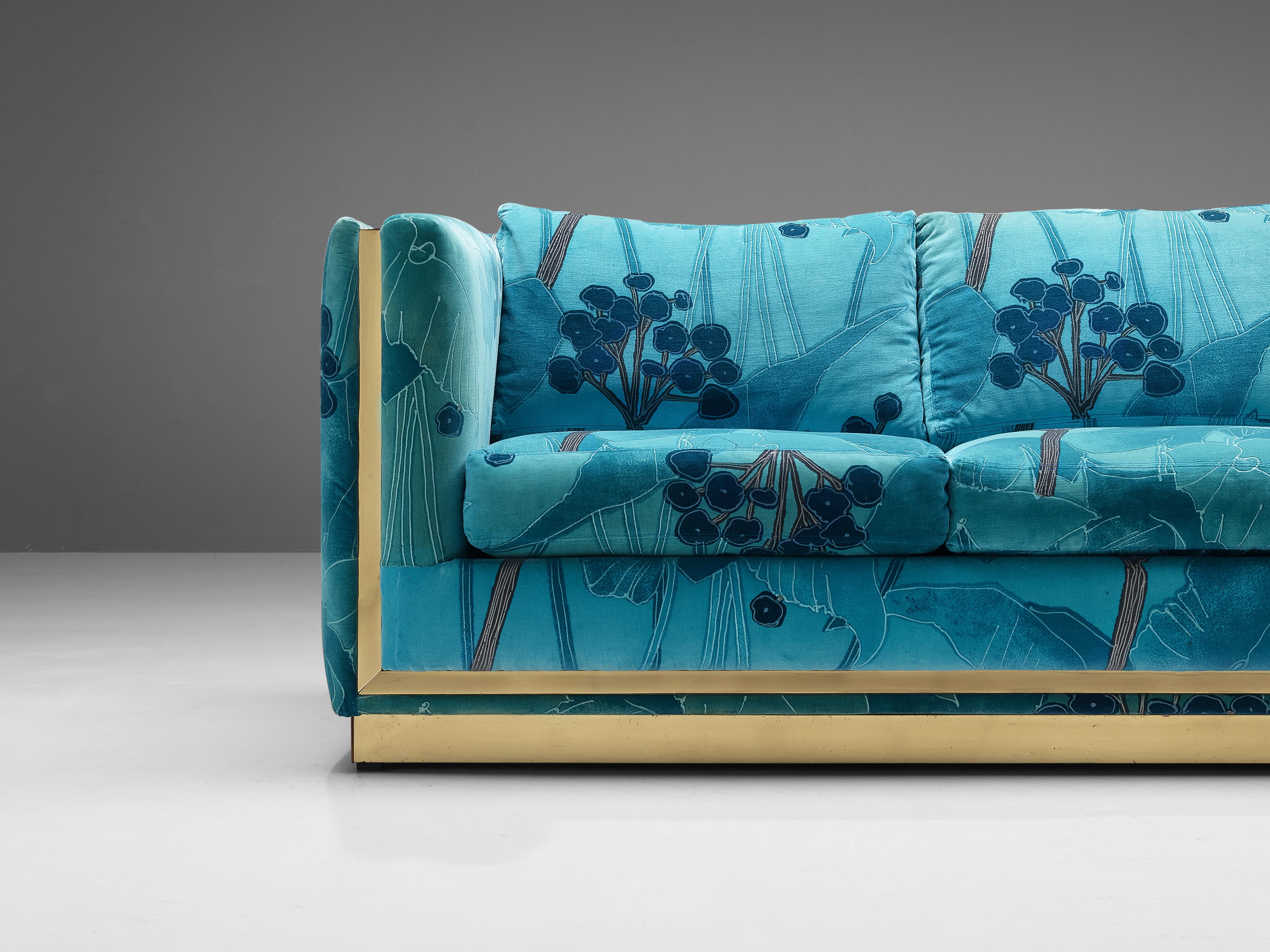 Brass Italian Two-Seat Sofa in Blue and Turquoise Flower Upholstery