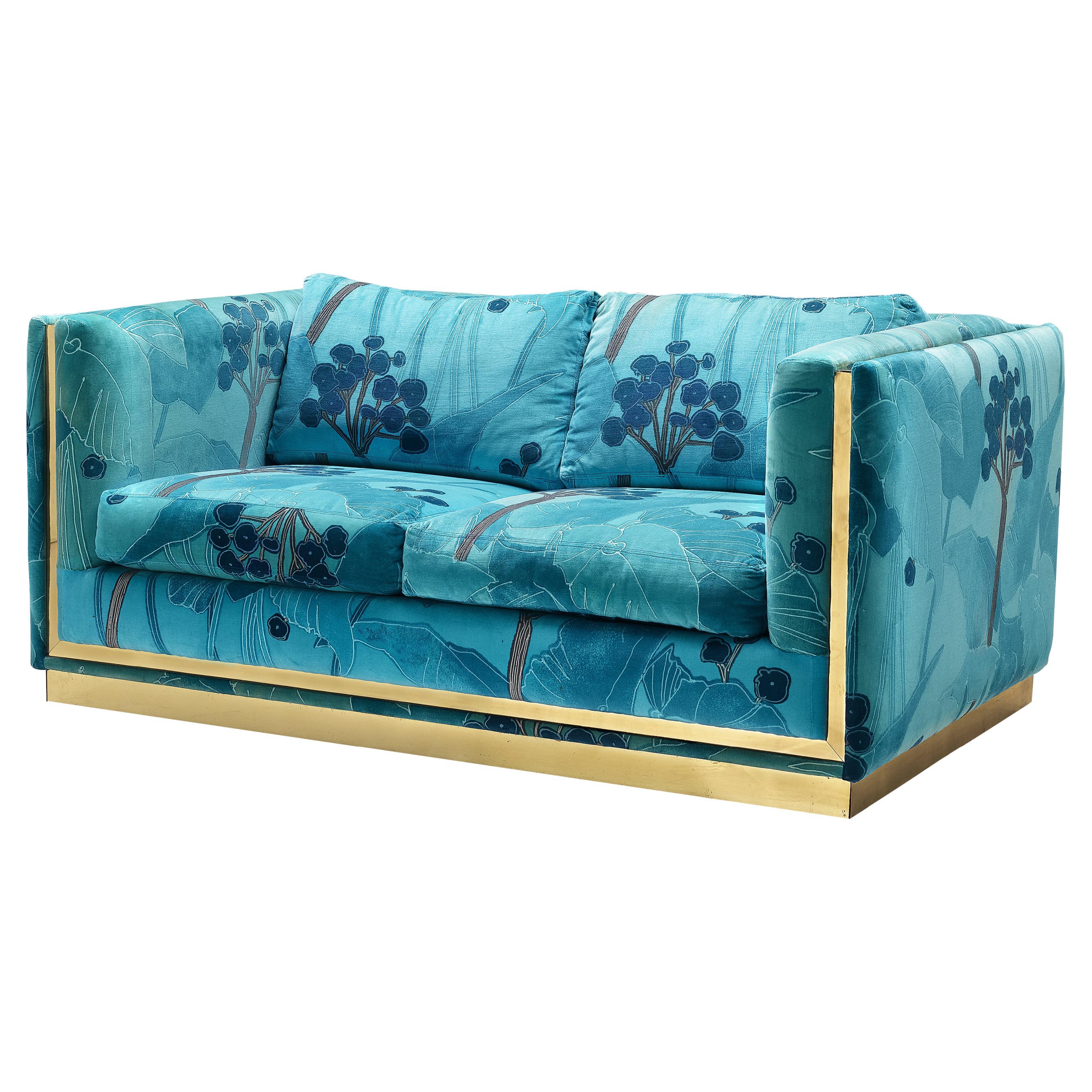 Italian Two-Seat Sofa in Blue and Turquoise Flower Upholstery