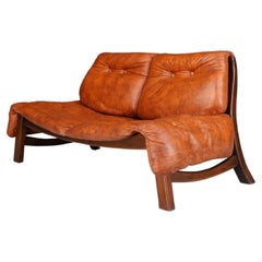 Italian Two-Seat Sofa in Walnut and Cognac Leather, 1960s
