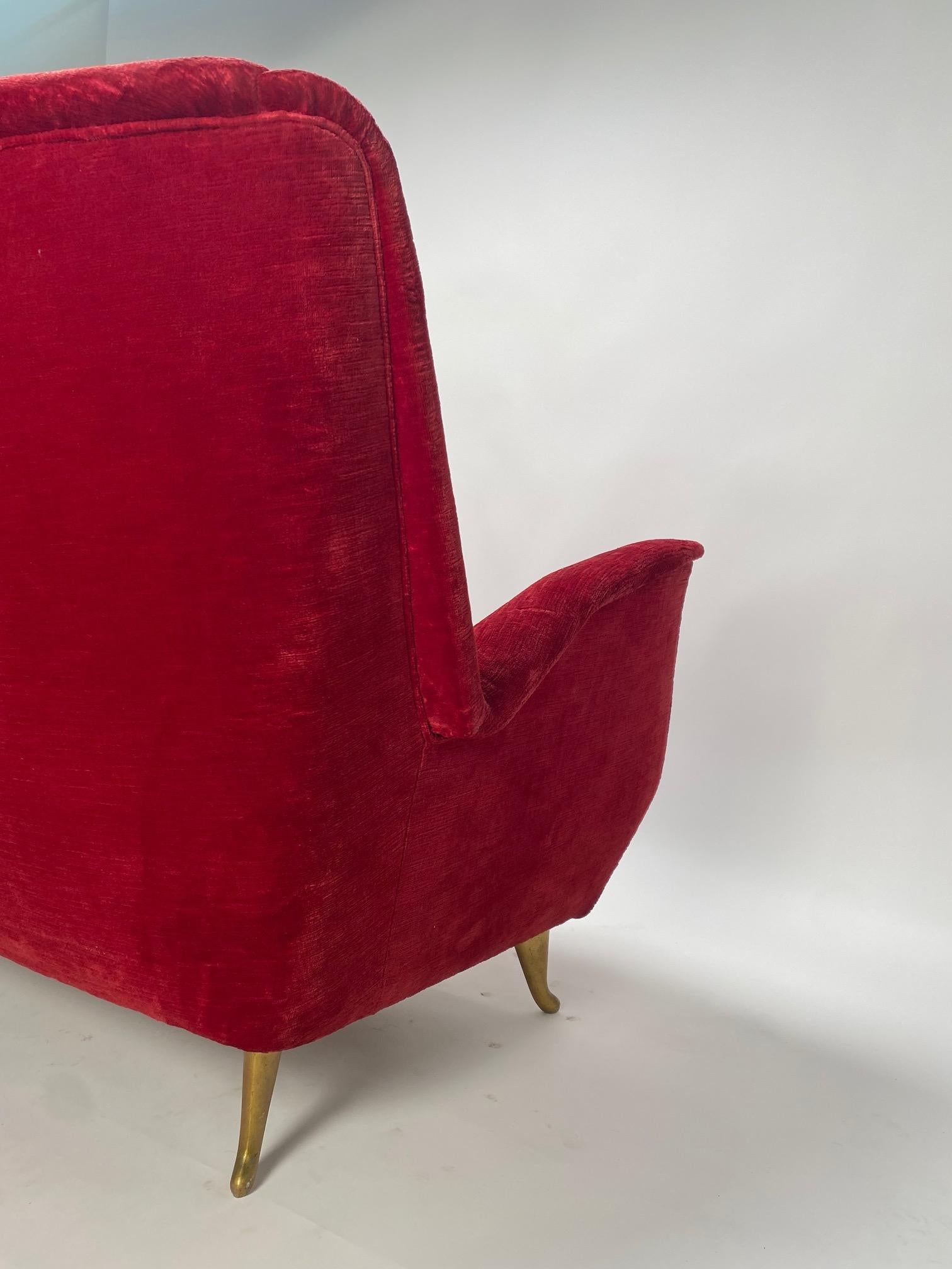 Brass Italian Two-Seater Red Sofa, Produced by I.S.A. Bergamo, Att. Gio Ponti, 1950s For Sale