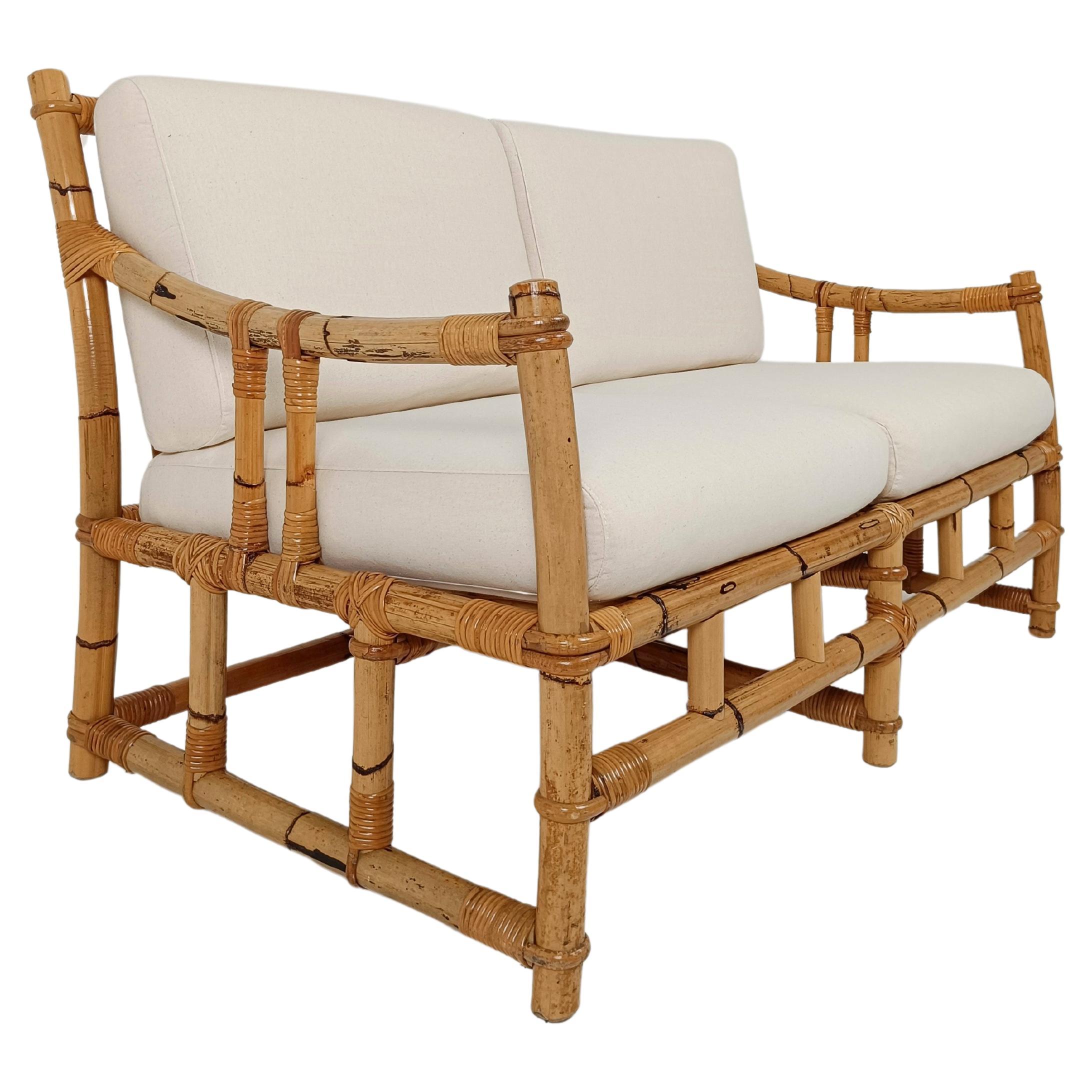 Italian two-seater Sofa in Bamboo, Rattan and Cane By Vivai Del Sud, Italy 60s 