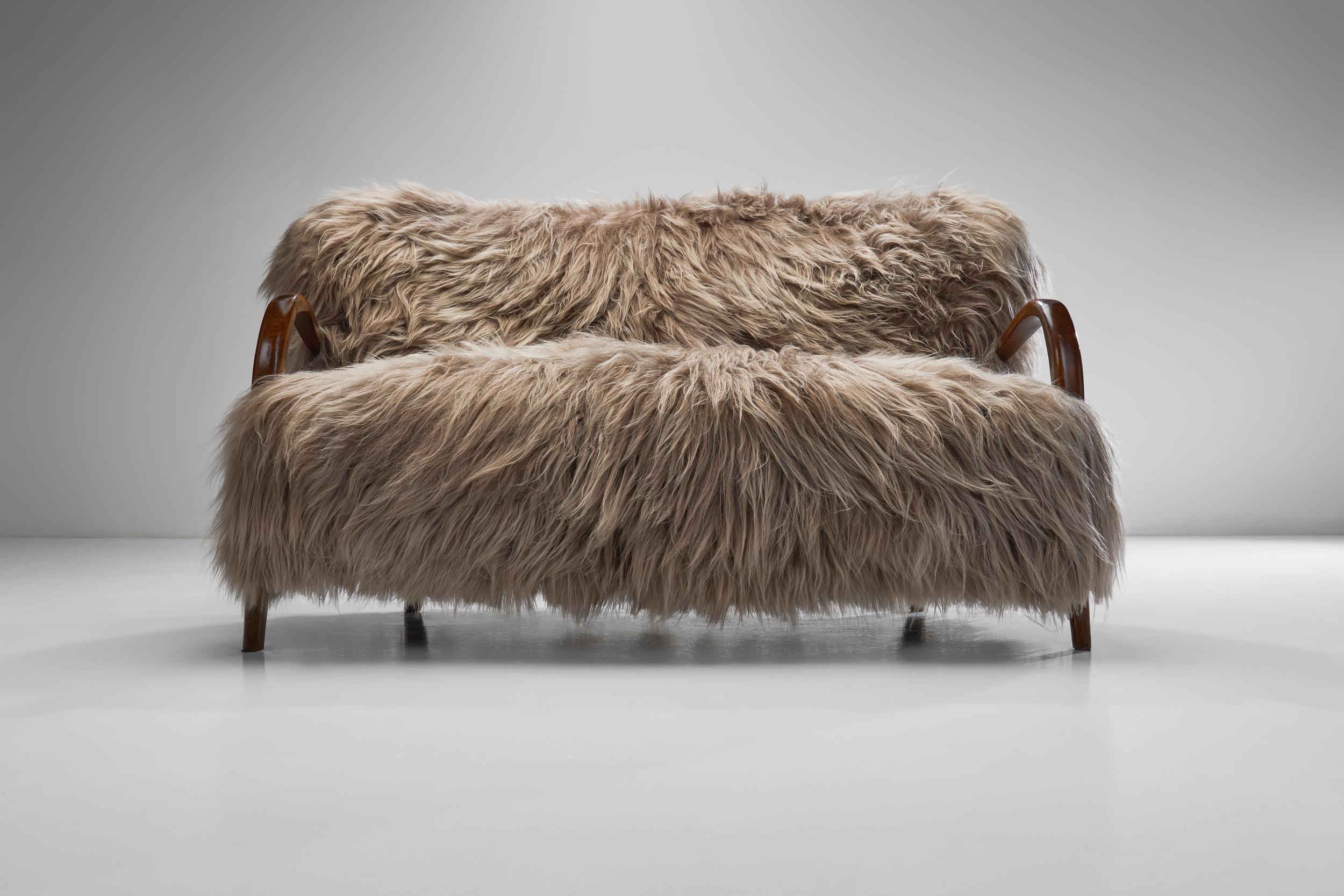 Italian Two-Seater Sofa with Longhair Sheepskin, Italy ca 1940s For Sale 8