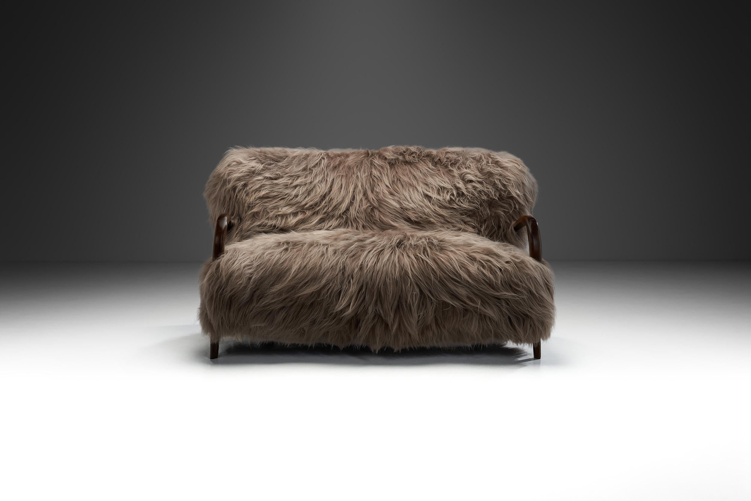 Mid-Century Modern Italian Two-Seater Sofa with Longhair Sheepskin, Italy ca 1940s For Sale