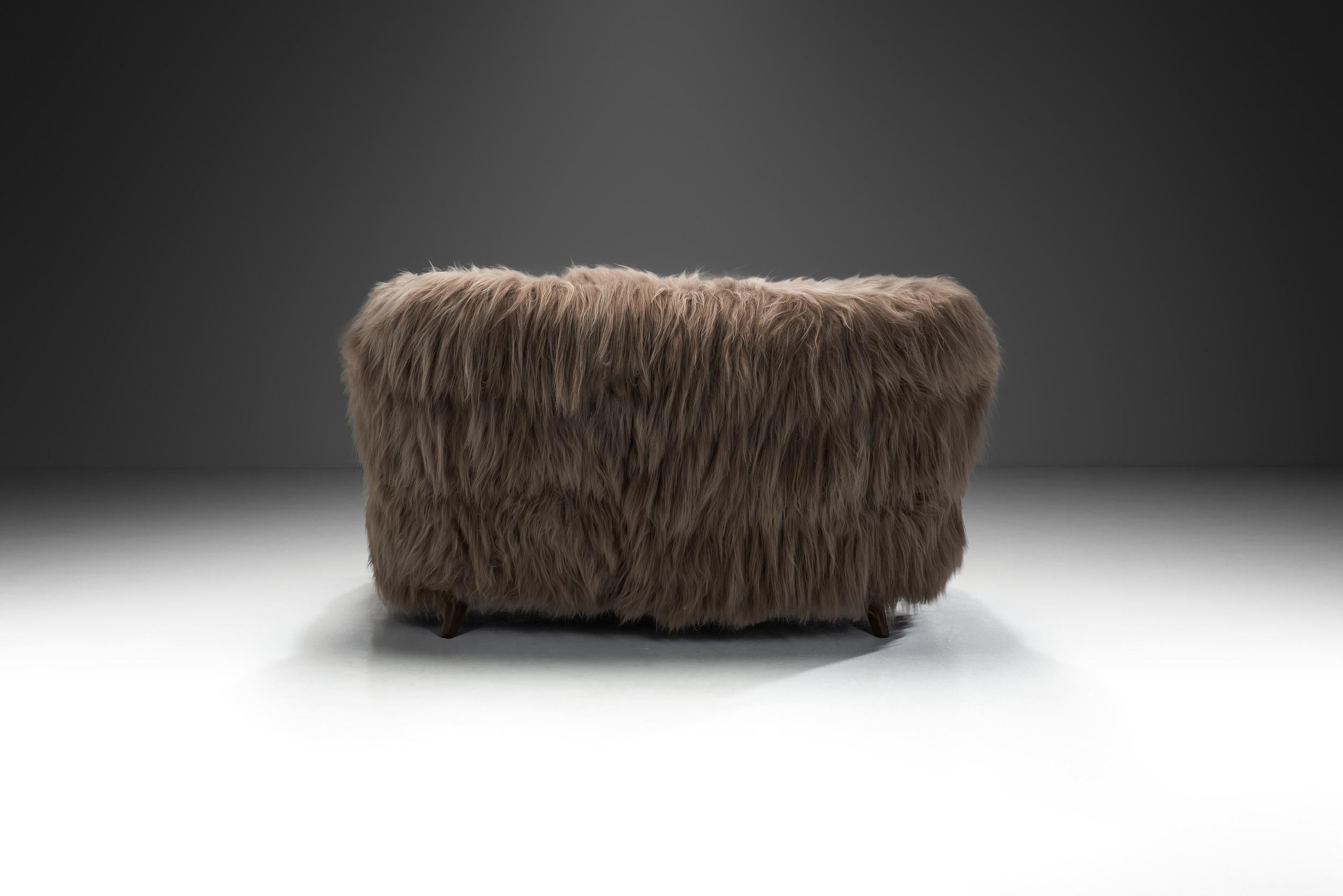 Mid-20th Century Italian Two-Seater Sofa with Longhair Sheepskin, Italy ca 1940s For Sale