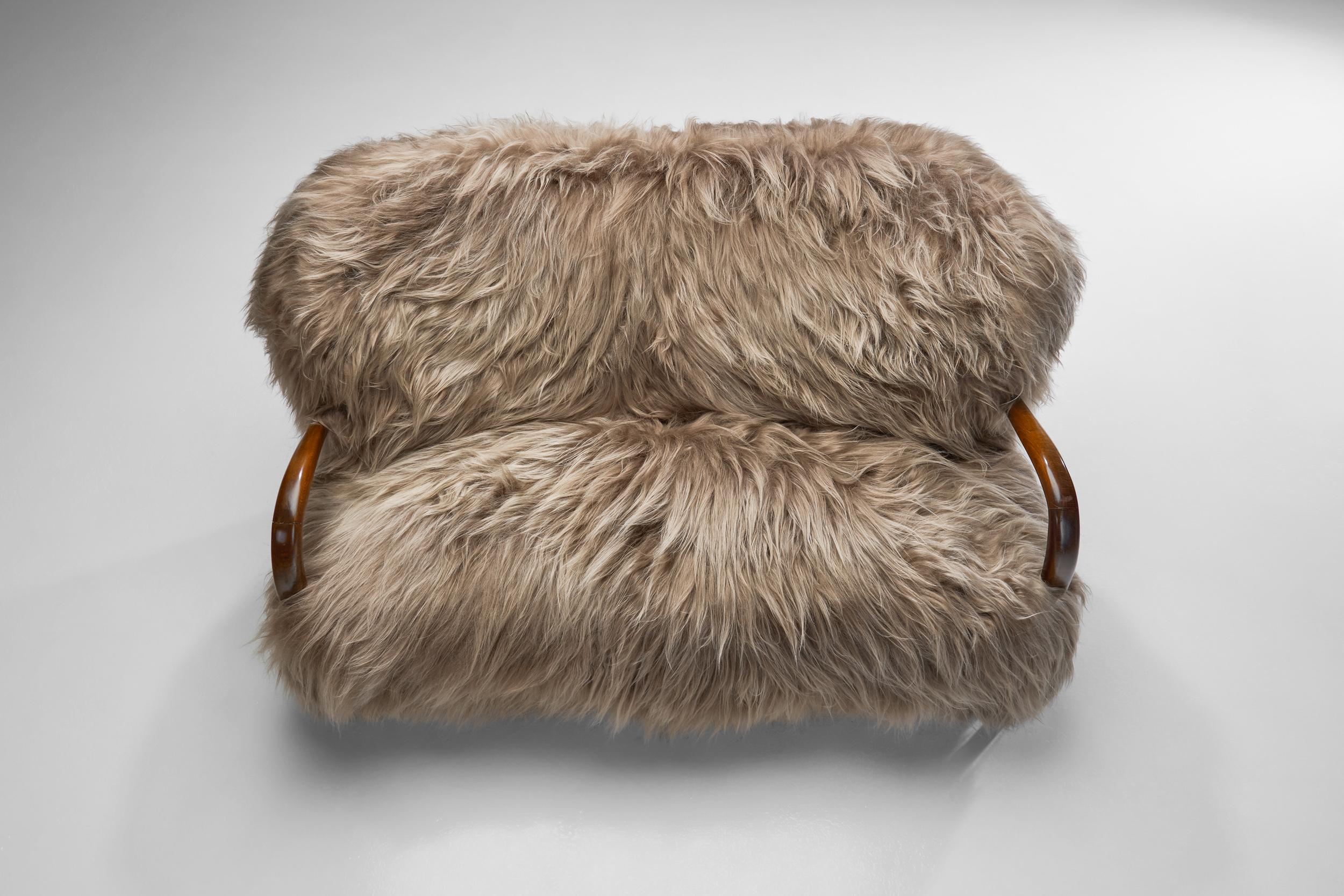 Italian Two-Seater Sofa with Longhair Sheepskin, Italy ca 1940s For Sale 1