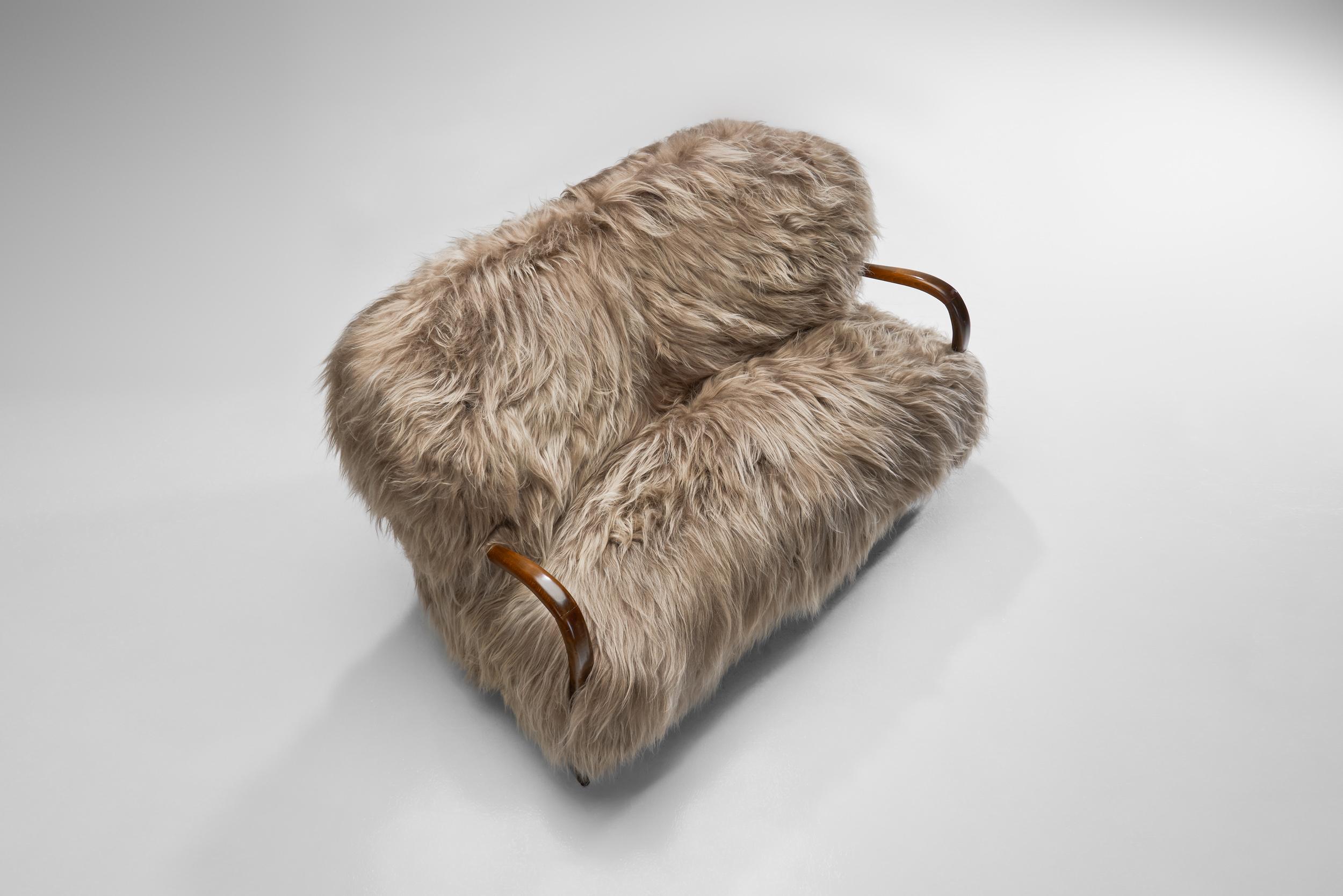 Italian Two-Seater Sofa with Longhair Sheepskin, Italy ca 1940s For Sale 2