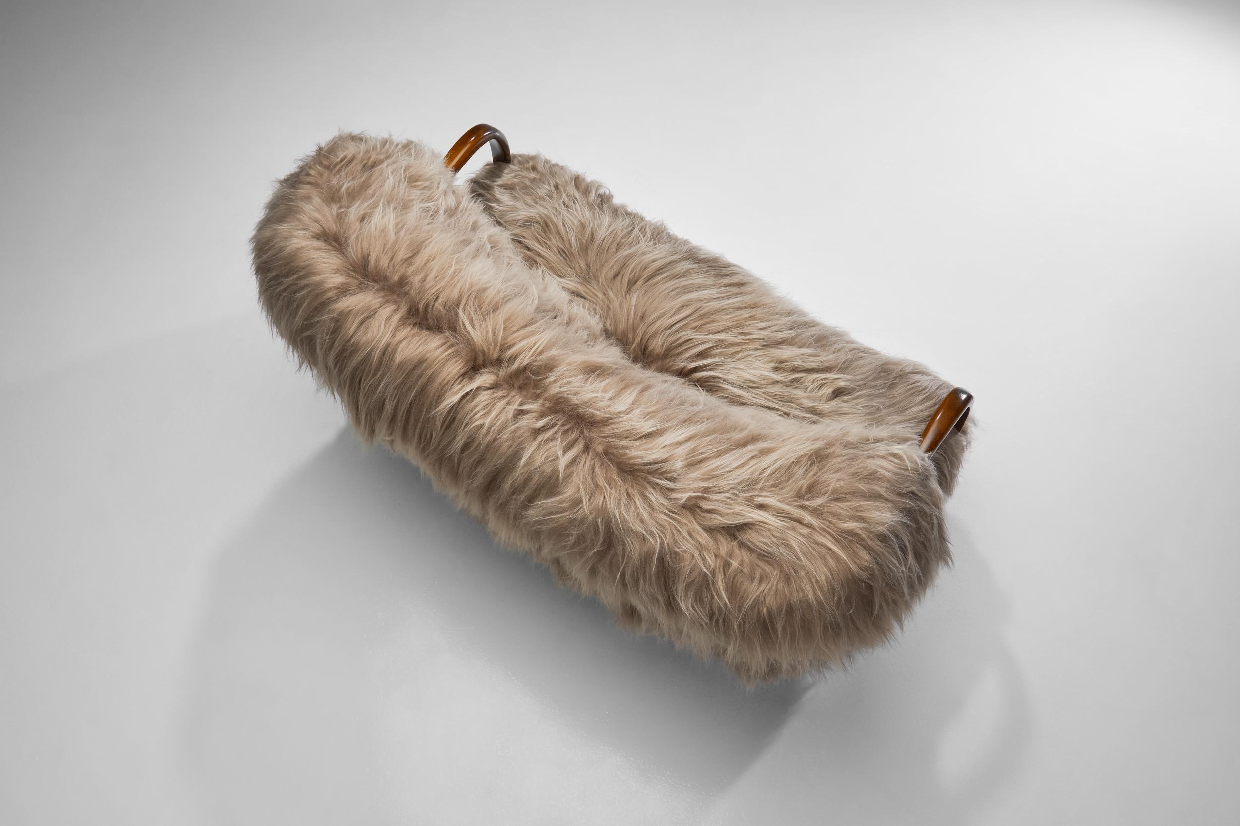 Italian Two-Seater Sofa with Longhair Sheepskin, Italy ca 1940s For Sale 3