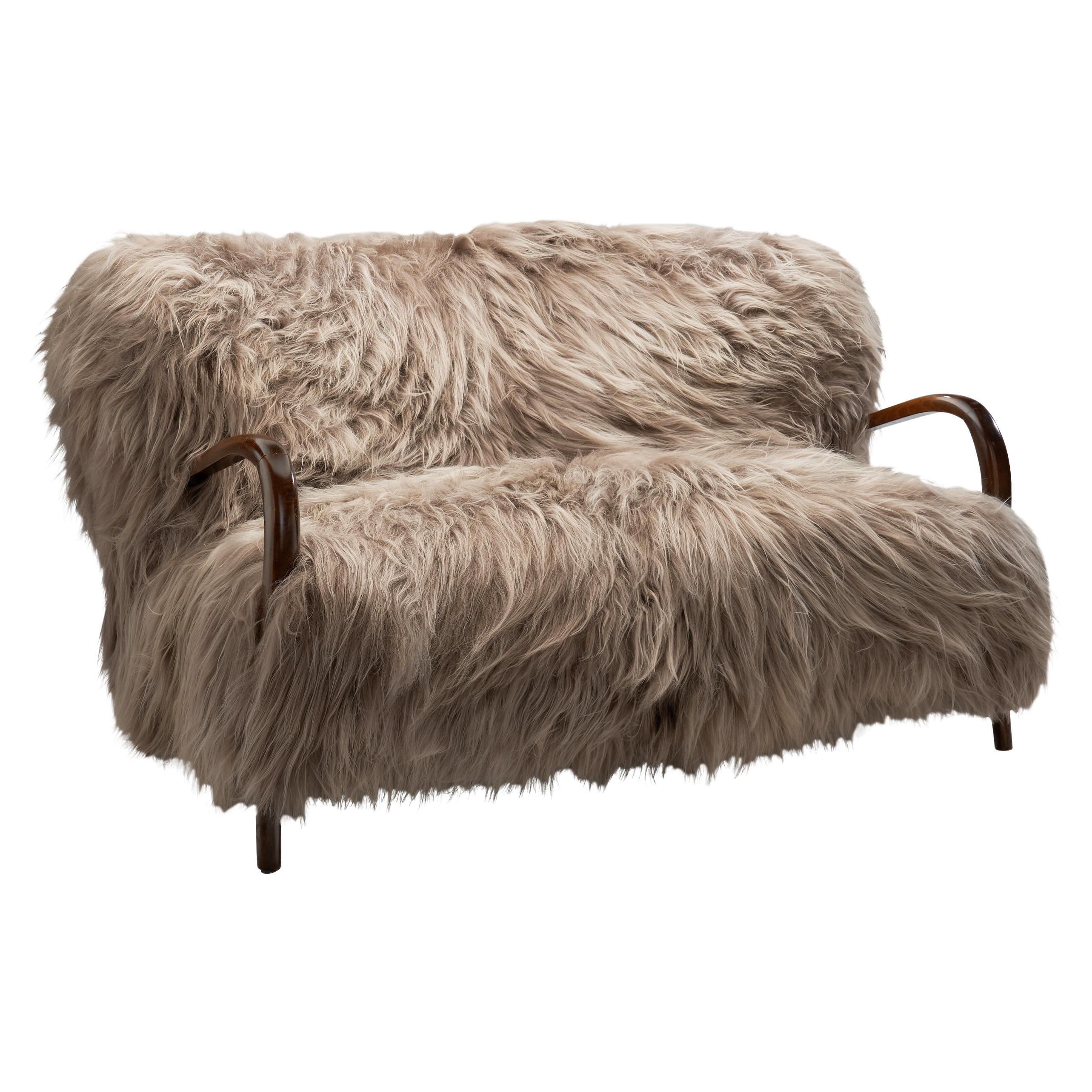 Italian Two-Seater Sofa with Longhair Sheepskin, Italy ca 1940s