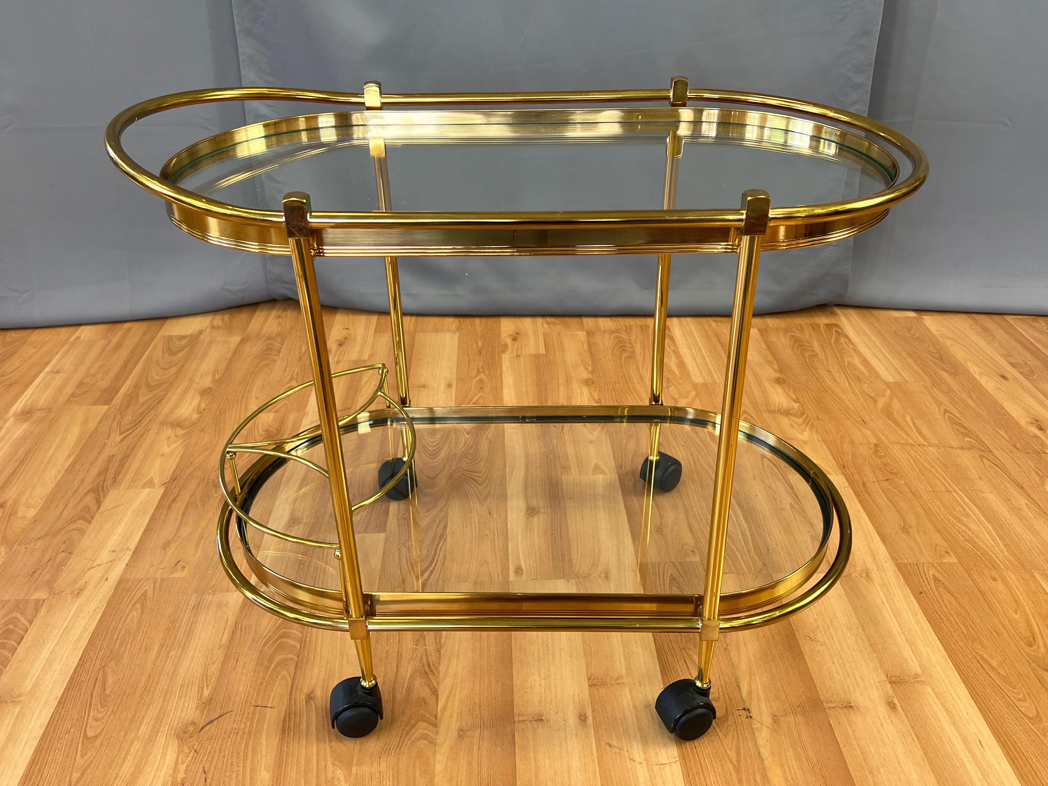Mid-Century Modern Italian Two-Tier Brass and Glass Oval Bar Cart or Serving Cart, 1970s