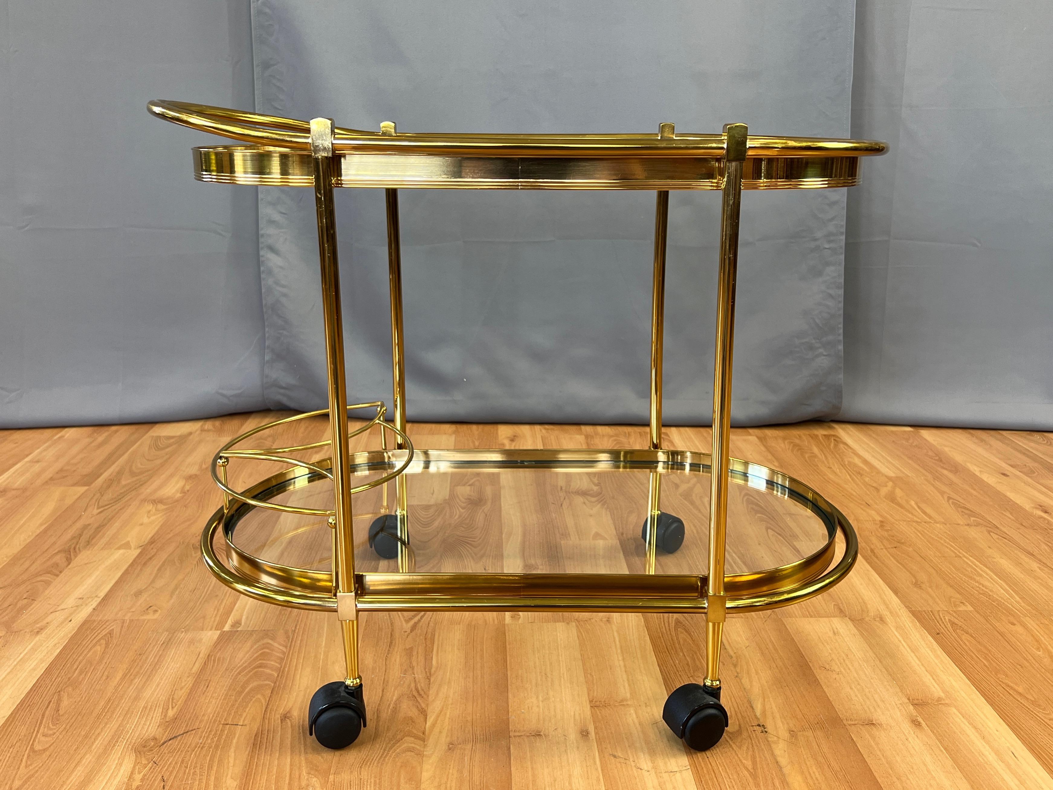 Italian Two-Tier Brass and Glass Oval Bar Cart or Serving Cart, 1970s In Good Condition In San Francisco, CA