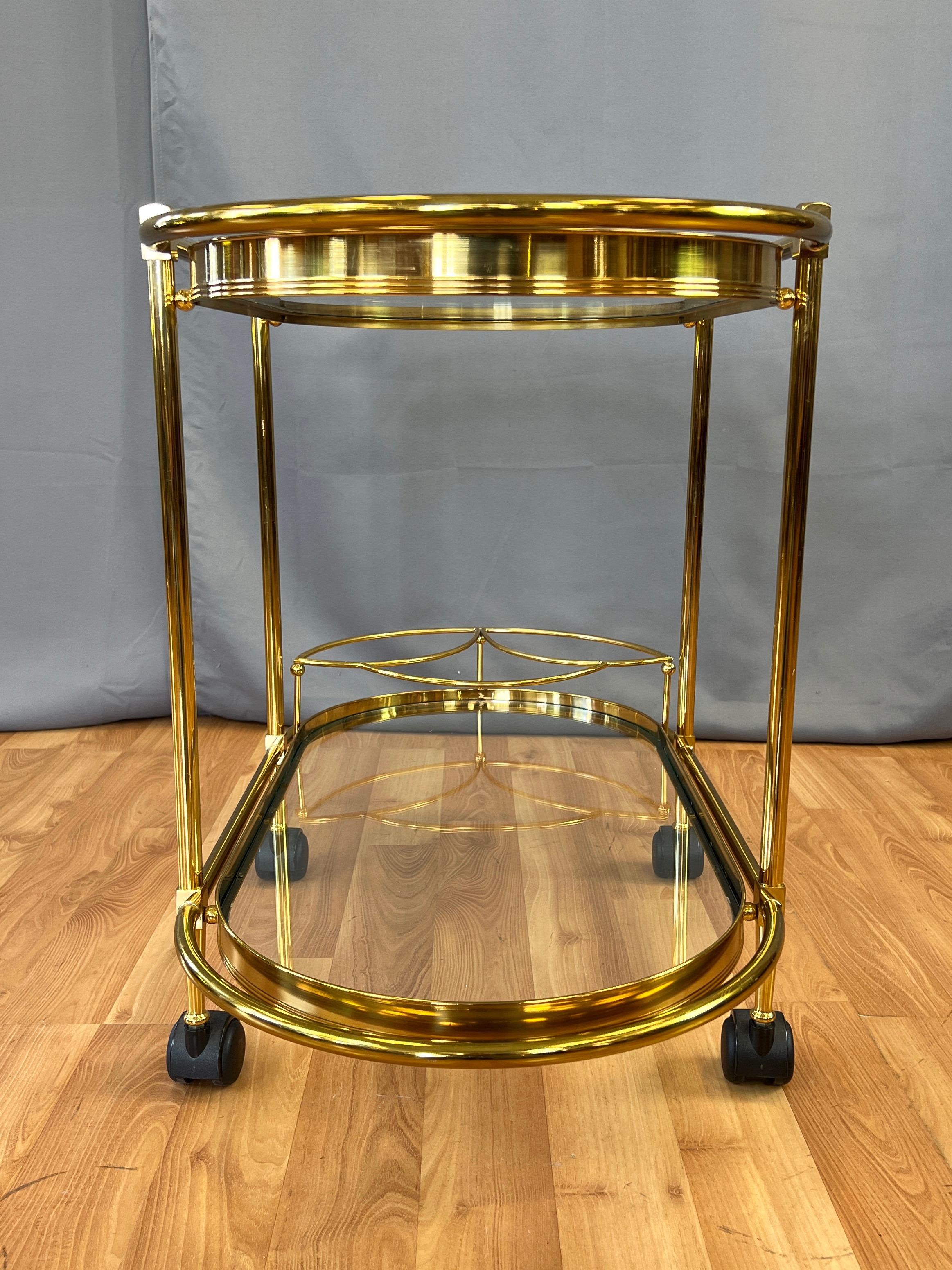 Late 20th Century Italian Two-Tier Brass and Glass Oval Bar Cart or Serving Cart, 1970s