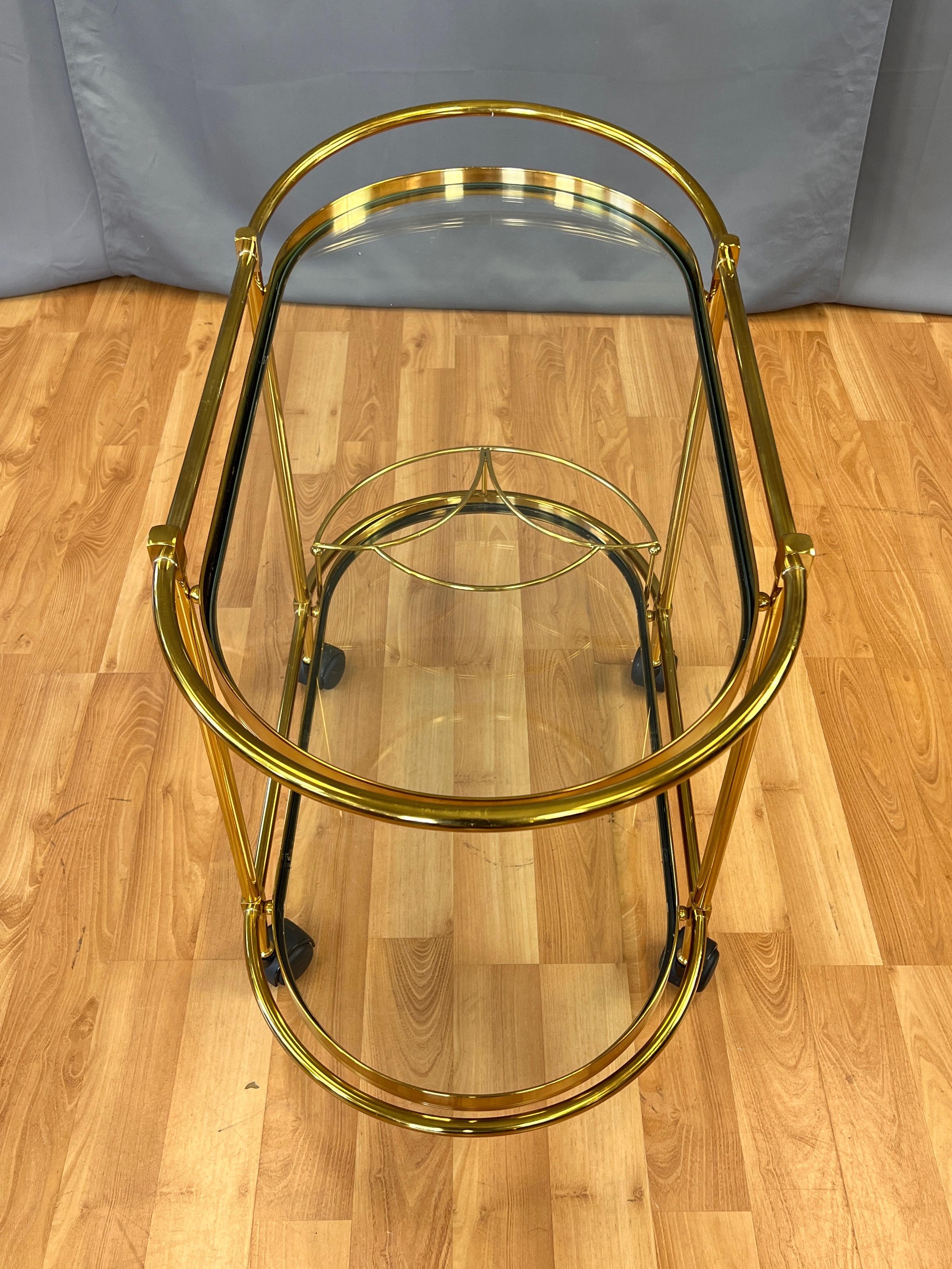Italian Two-Tier Brass and Glass Oval Bar Cart or Serving Cart, 1970s 1