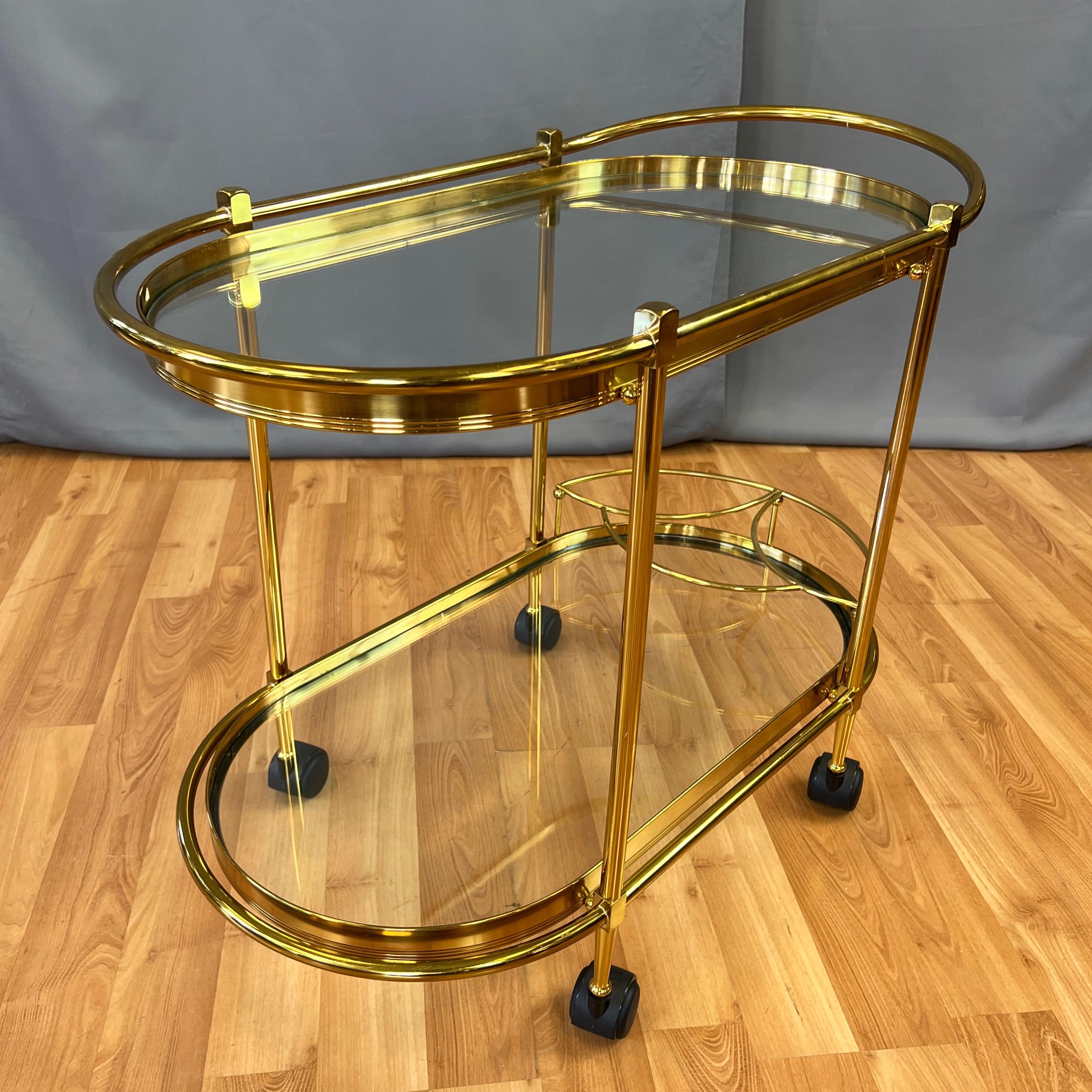 Italian Two-Tier Brass and Glass Oval Bar Cart or Serving Cart, 1970s 2