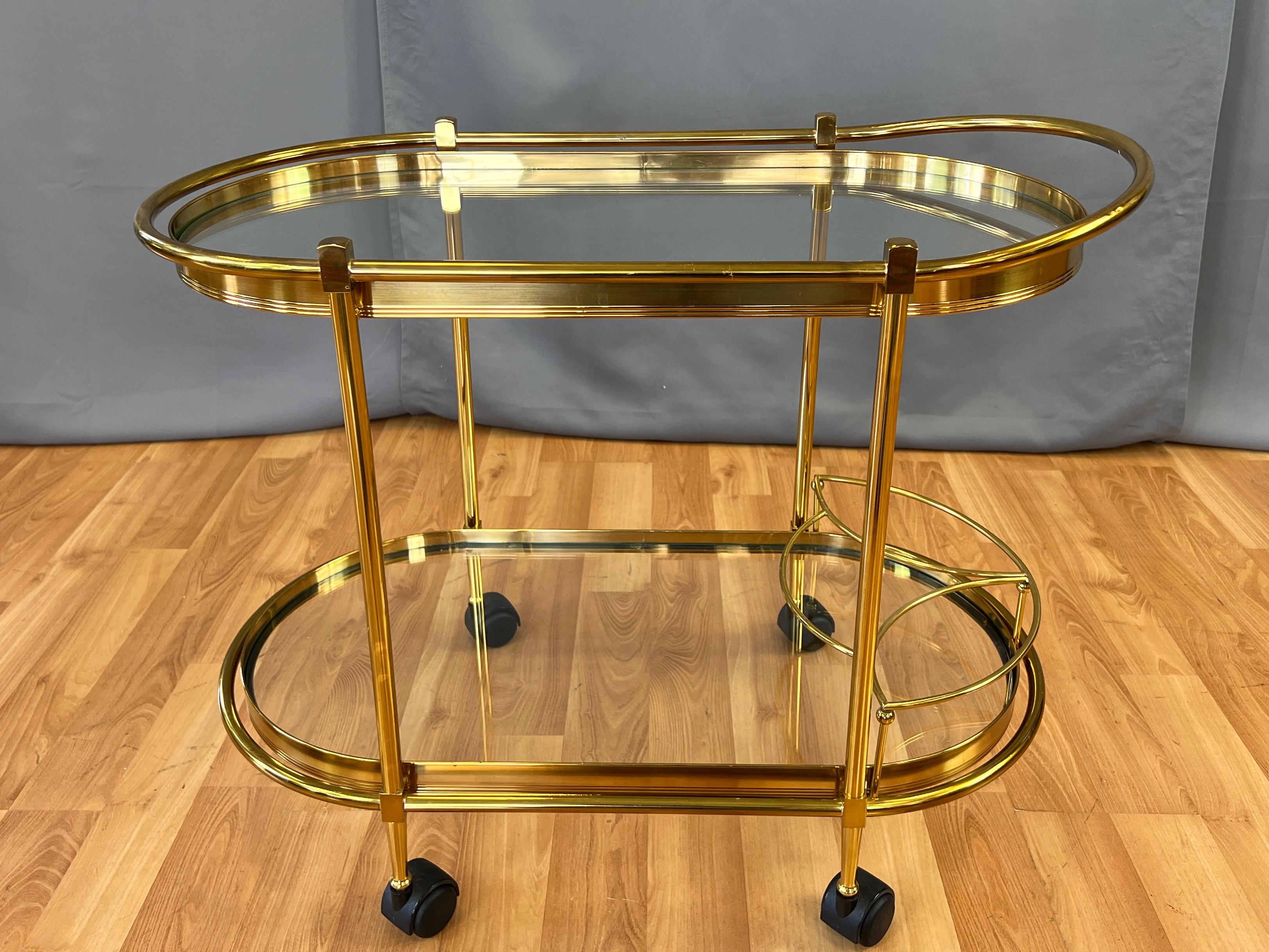 Italian Two-Tier Brass and Glass Oval Bar Cart or Serving Cart, 1970s 3