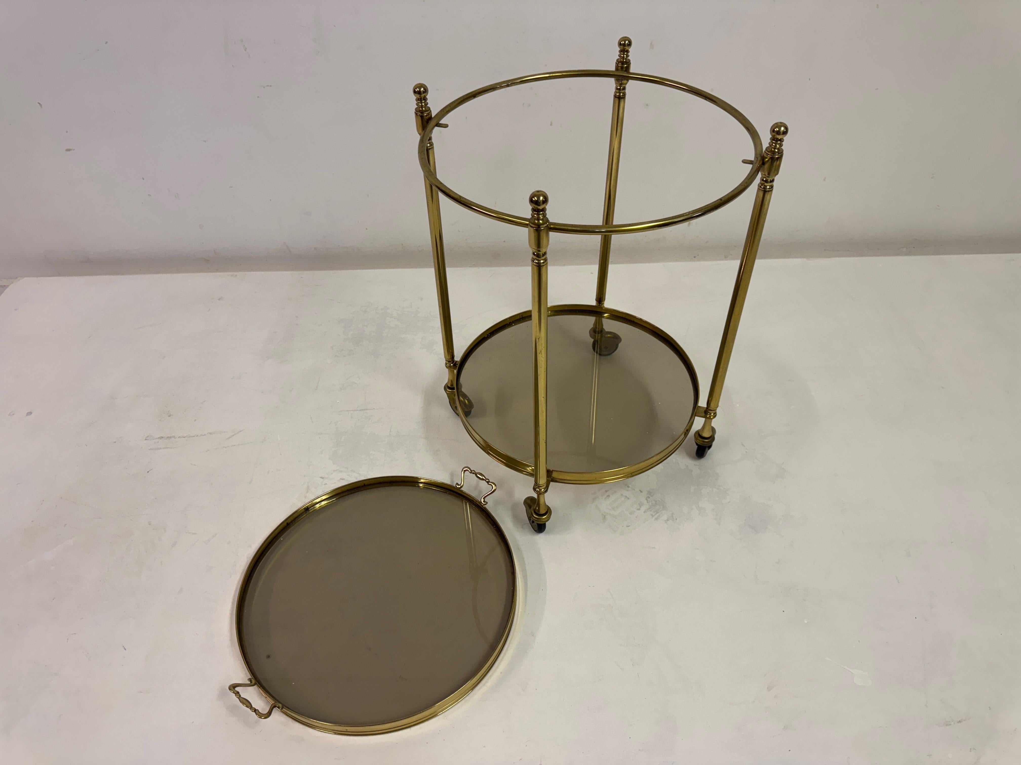 Italian Two-Tier Brass and Smoked Glass Bar Cart or Drinks Trolley, 1970s For Sale 5
