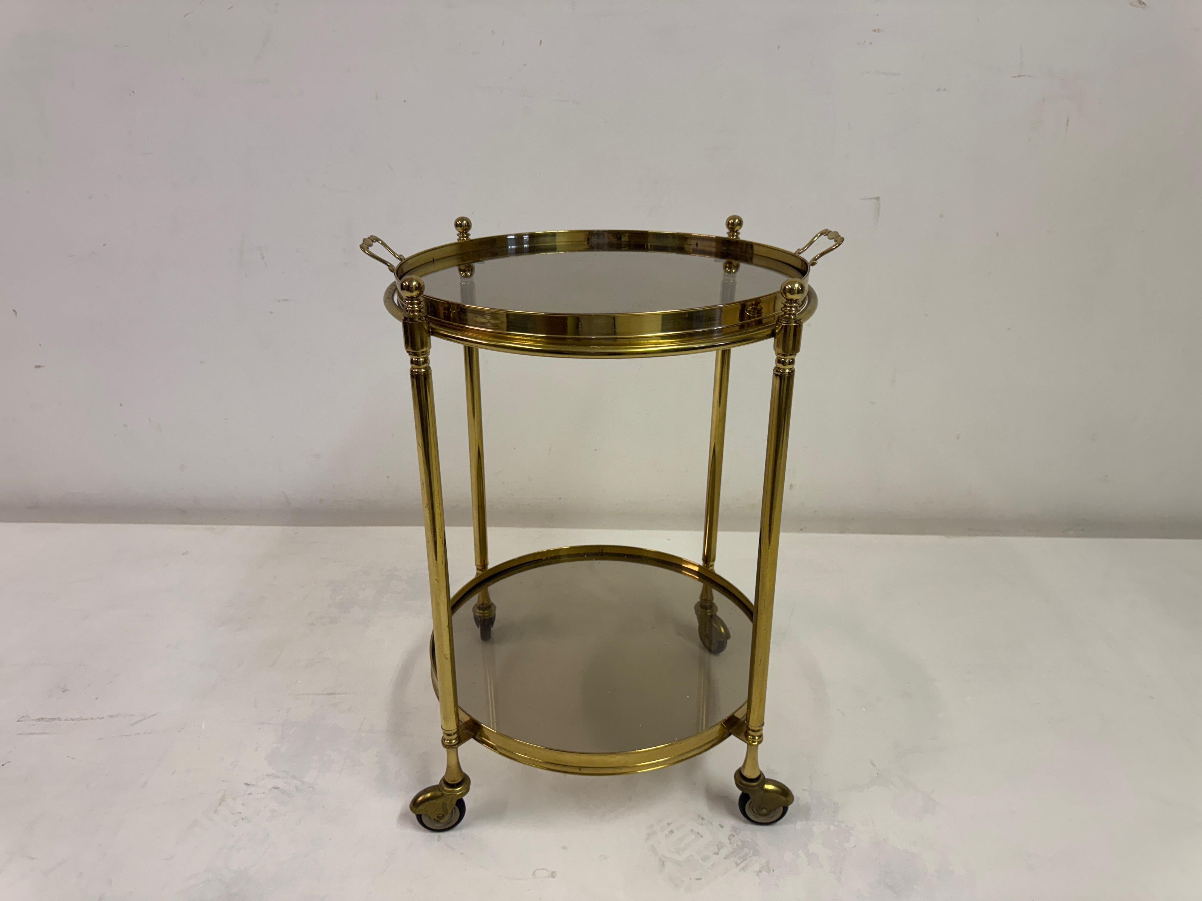 Italian Two-Tier Brass and Smoked Glass Bar Cart or Drinks Trolley, 1970s For Sale 6
