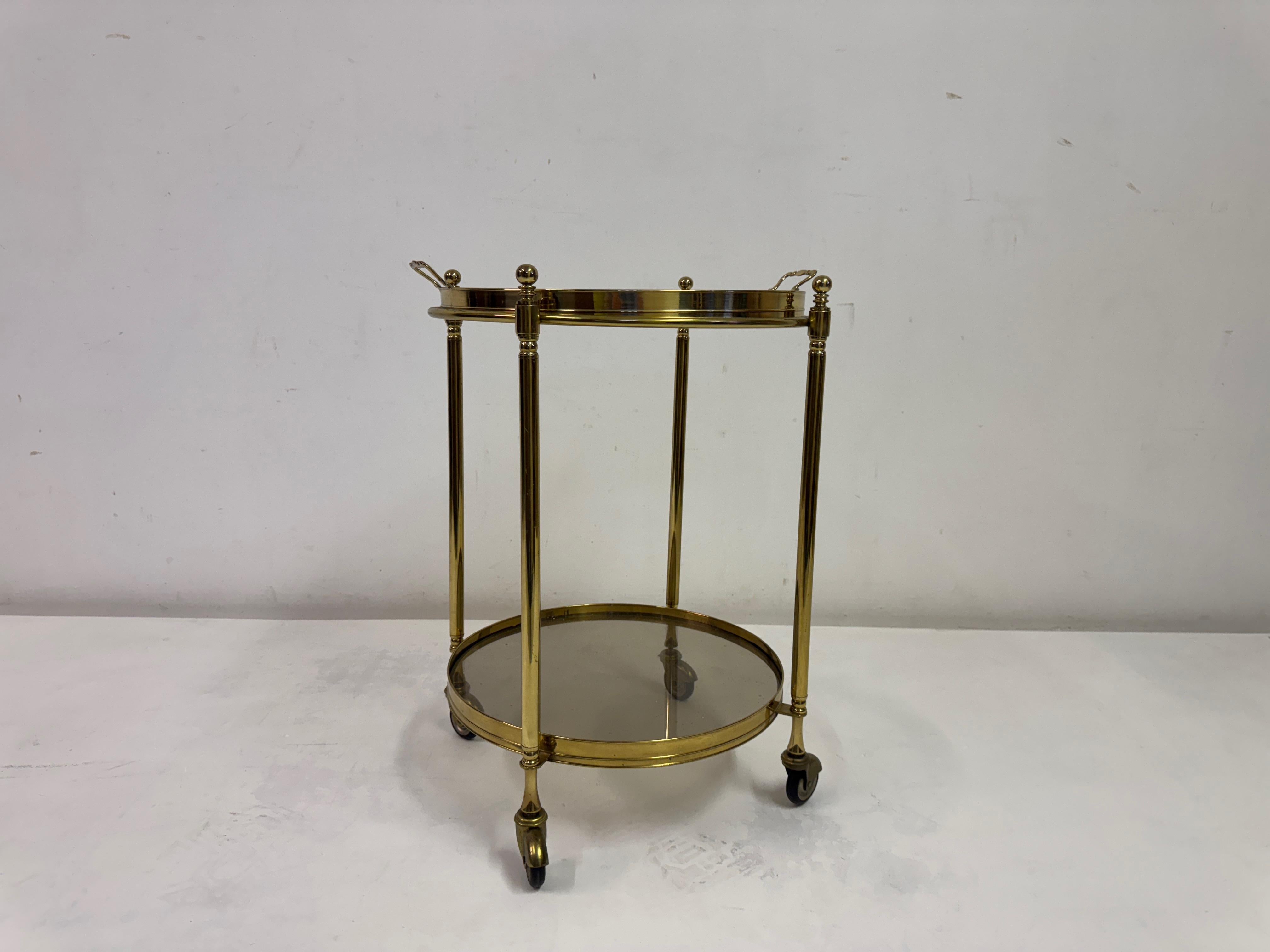 Hollywood Regency Italian Two-Tier Brass and Smoked Glass Bar Cart or Drinks Trolley, 1970s For Sale