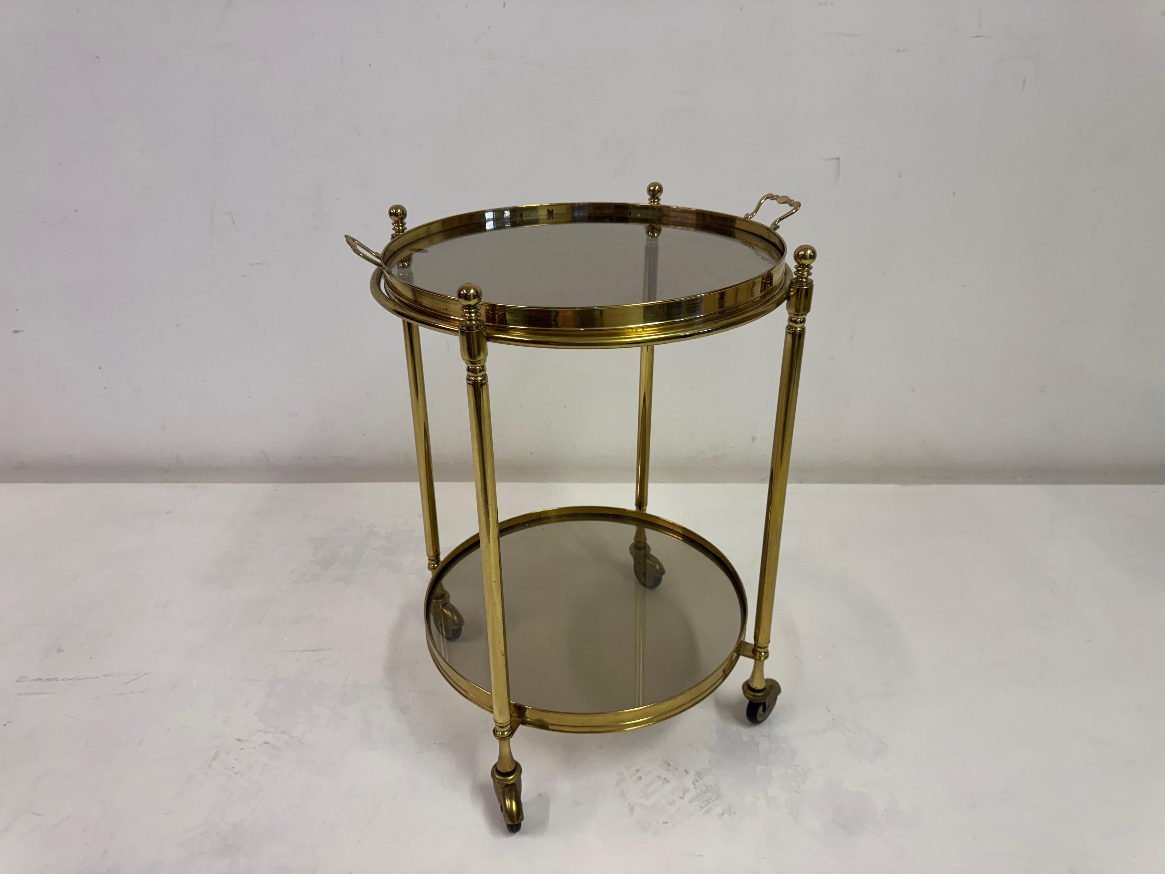 Italian Two-Tier Brass and Smoked Glass Bar Cart or Drinks Trolley, 1970s In Good Condition For Sale In London, London