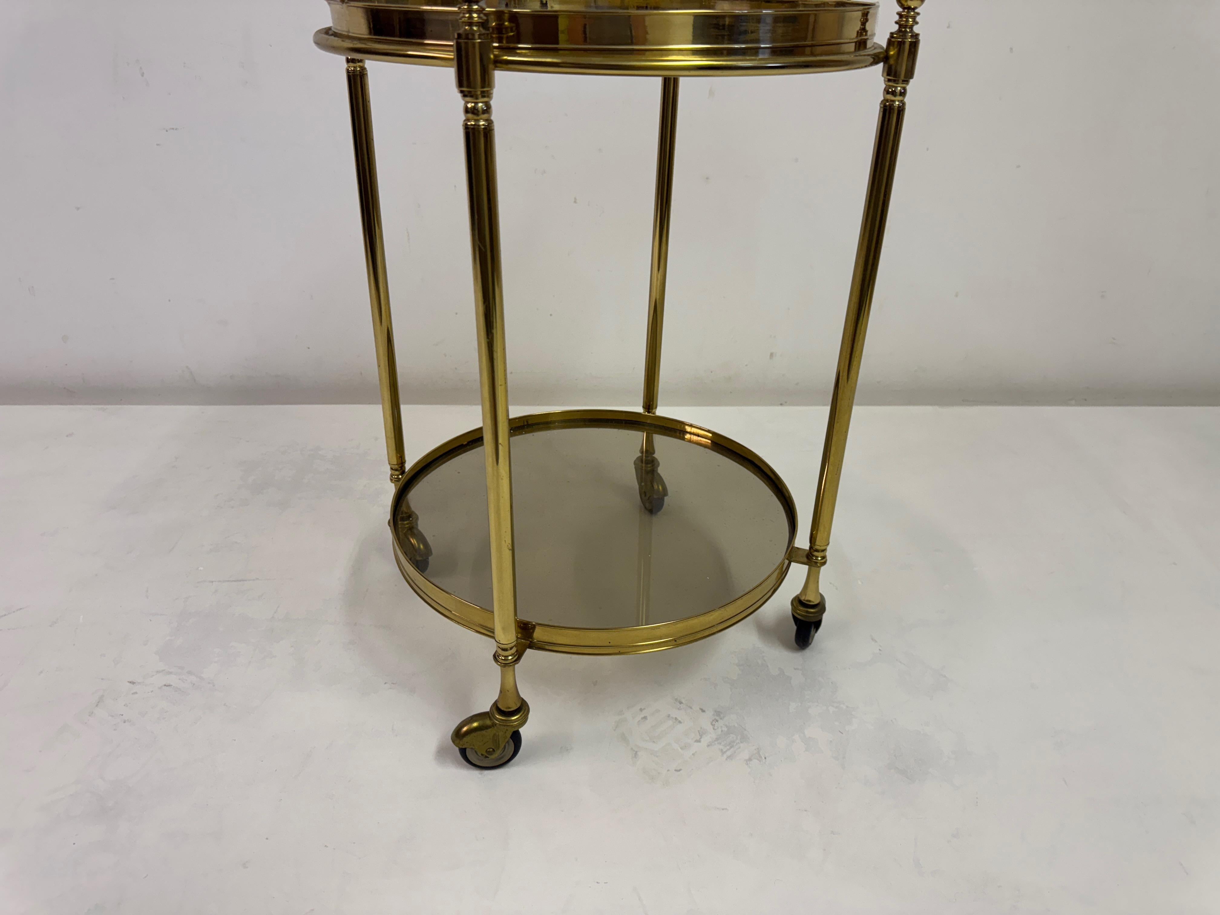 Italian Two-Tier Brass and Smoked Glass Bar Cart or Drinks Trolley, 1970s For Sale 1