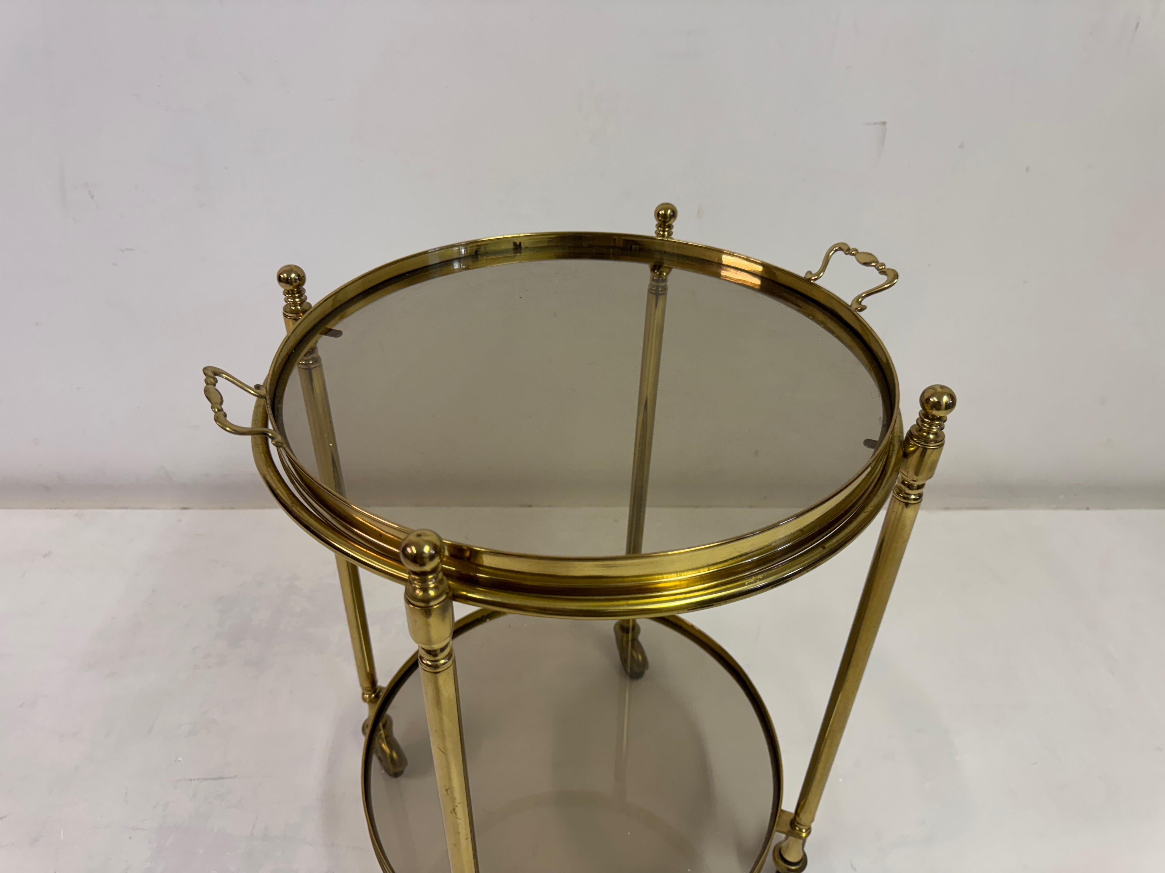 Italian Two-Tier Brass and Smoked Glass Bar Cart or Drinks Trolley, 1970s For Sale 2