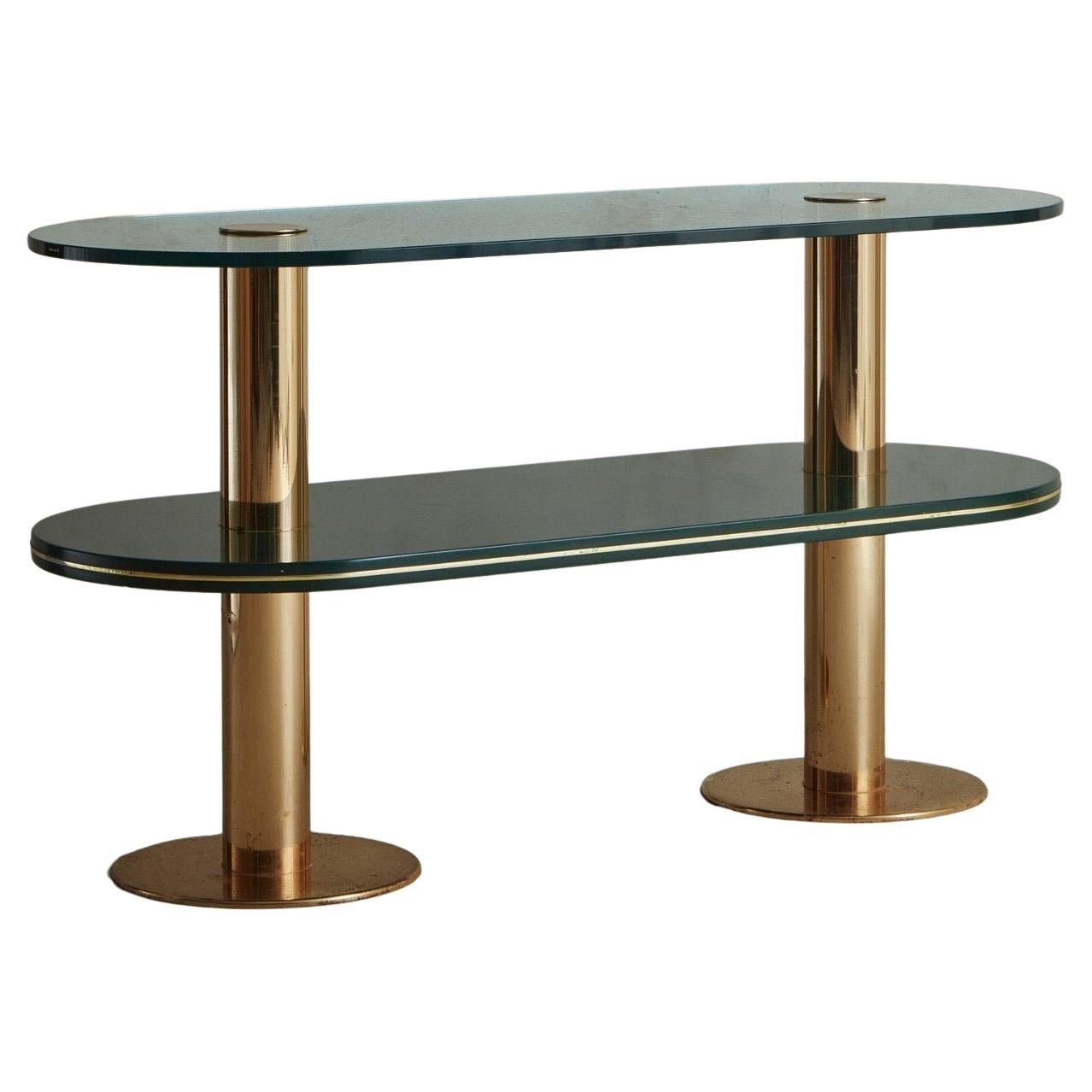 Italian Two-Tier Brass Console Table with Green Glass Shelves, 20th Century