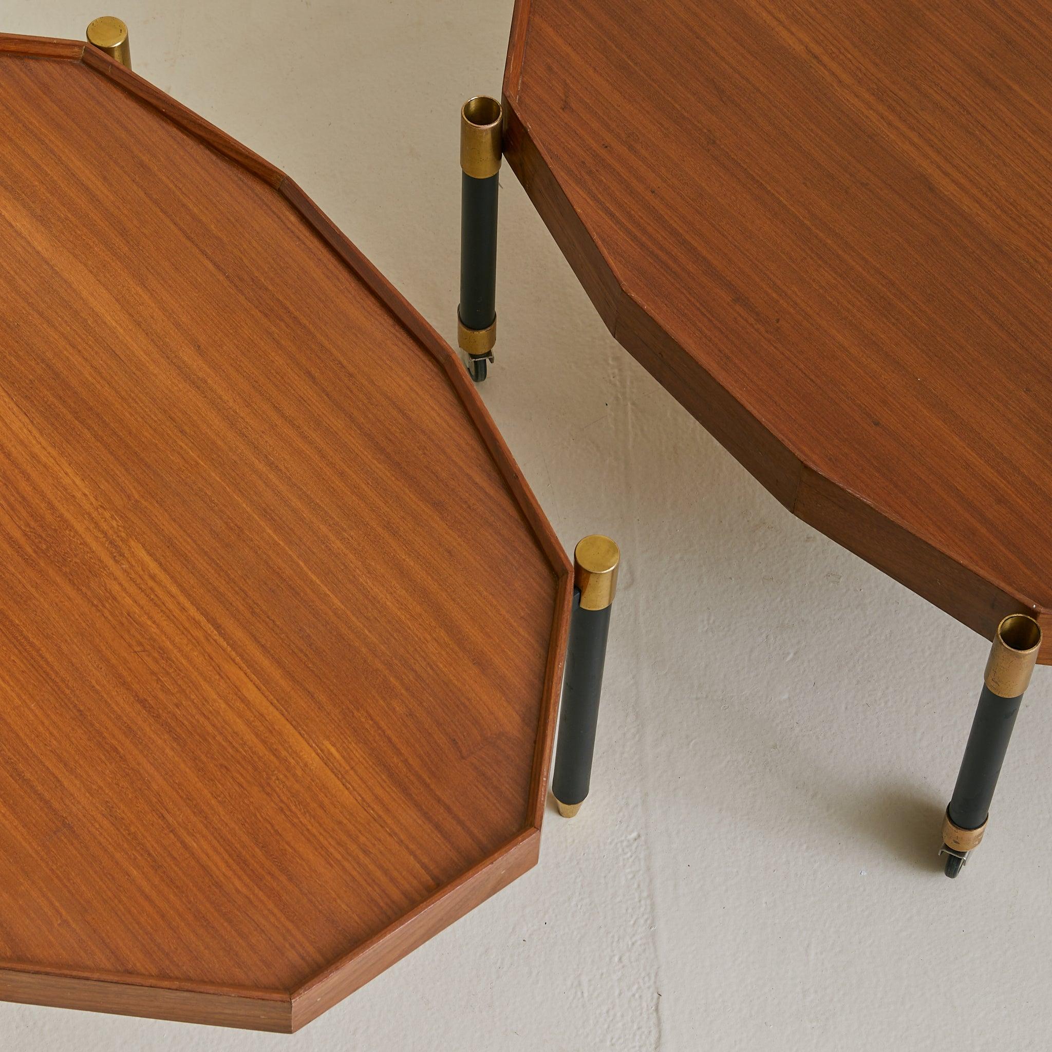 Italian Two-Tier Brass + Wood Bar Cart or Modular Coffee Tables, 1950s For Sale 5