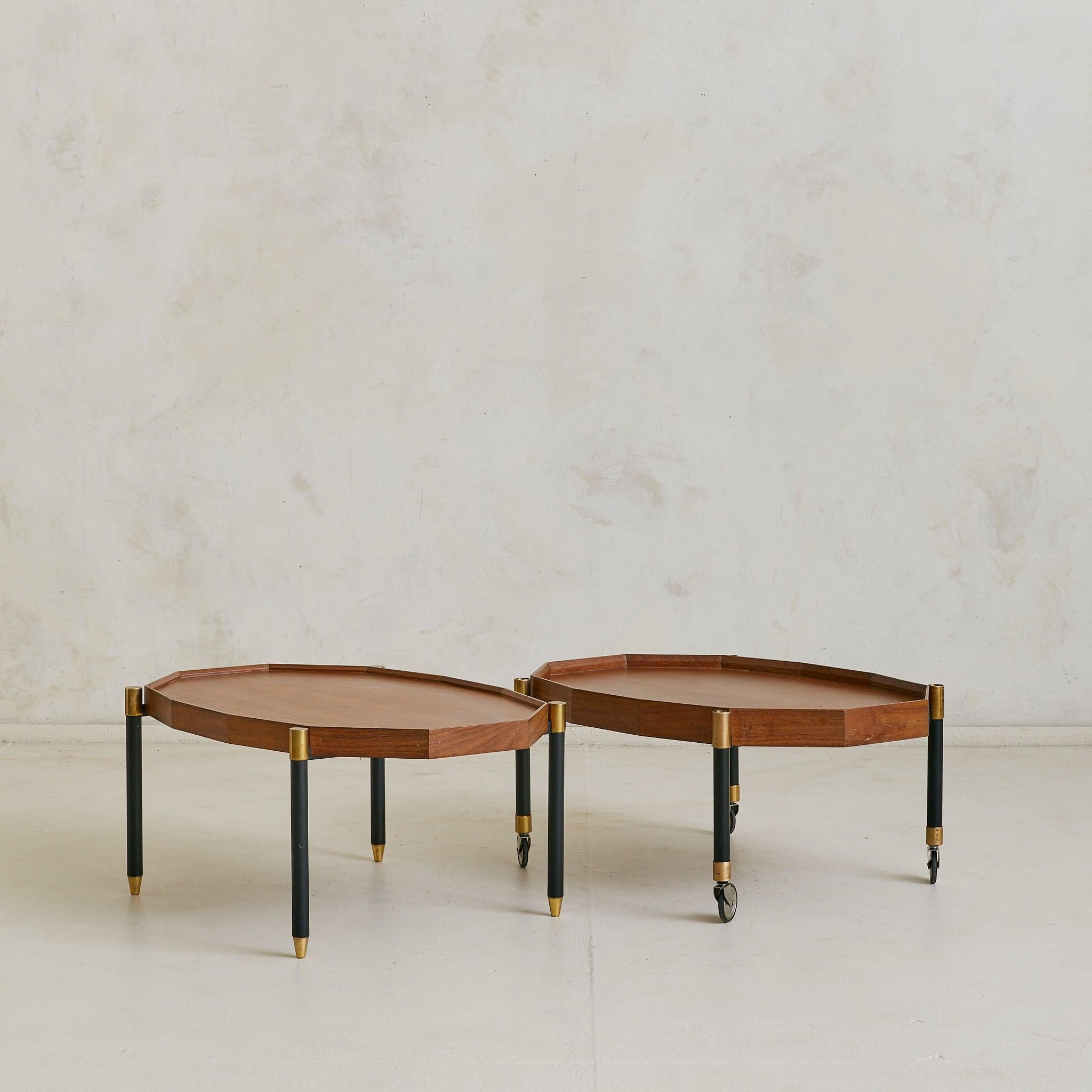 Mid-Century Modern Italian Two-Tier Brass + Wood Bar Cart or Modular Coffee Tables, 1950s For Sale