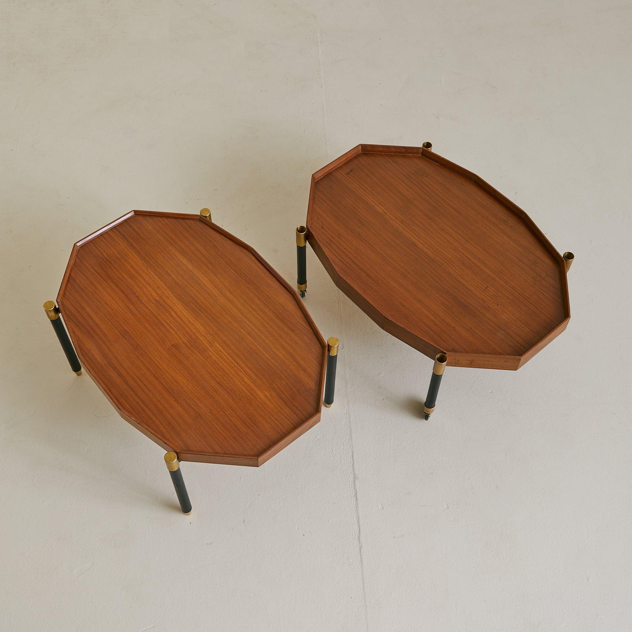 Italian Two-Tier Brass + Wood Bar Cart or Modular Coffee Tables, 1950s In Good Condition For Sale In Chicago, IL