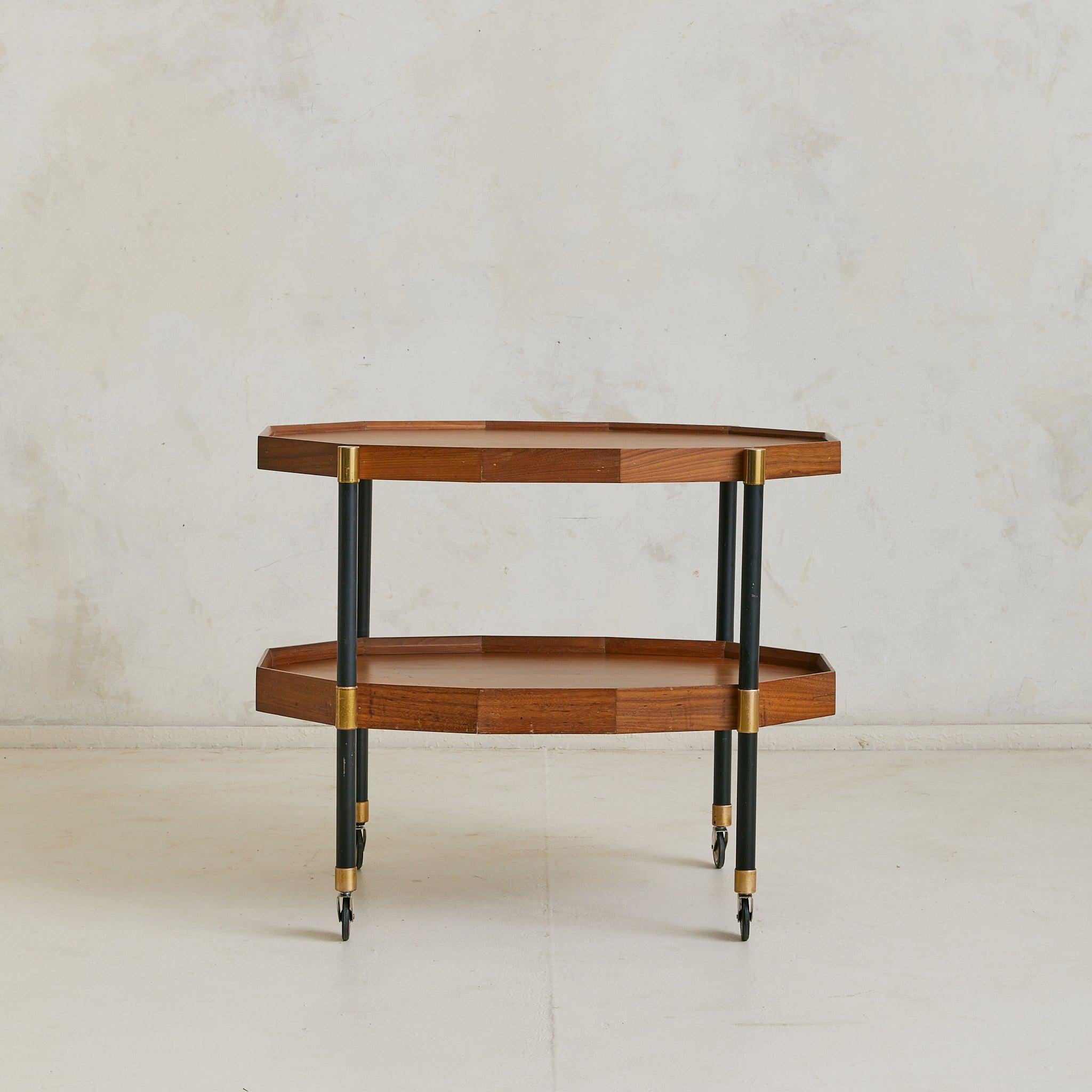 Mid-20th Century Italian Two-Tier Brass + Wood Bar Cart or Modular Coffee Tables, 1950s For Sale