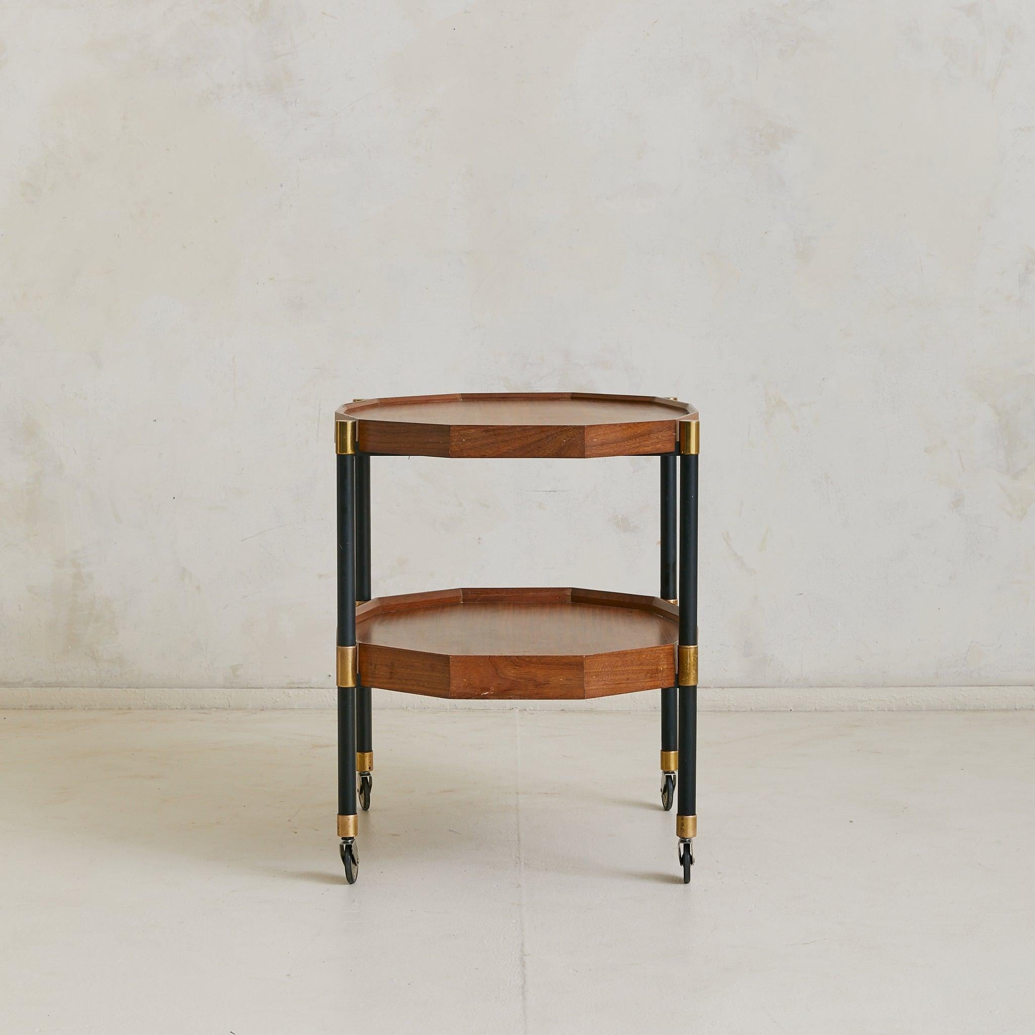 Italian Two-Tier Brass + Wood Bar Cart or Modular Coffee Tables, 1950s For Sale 1