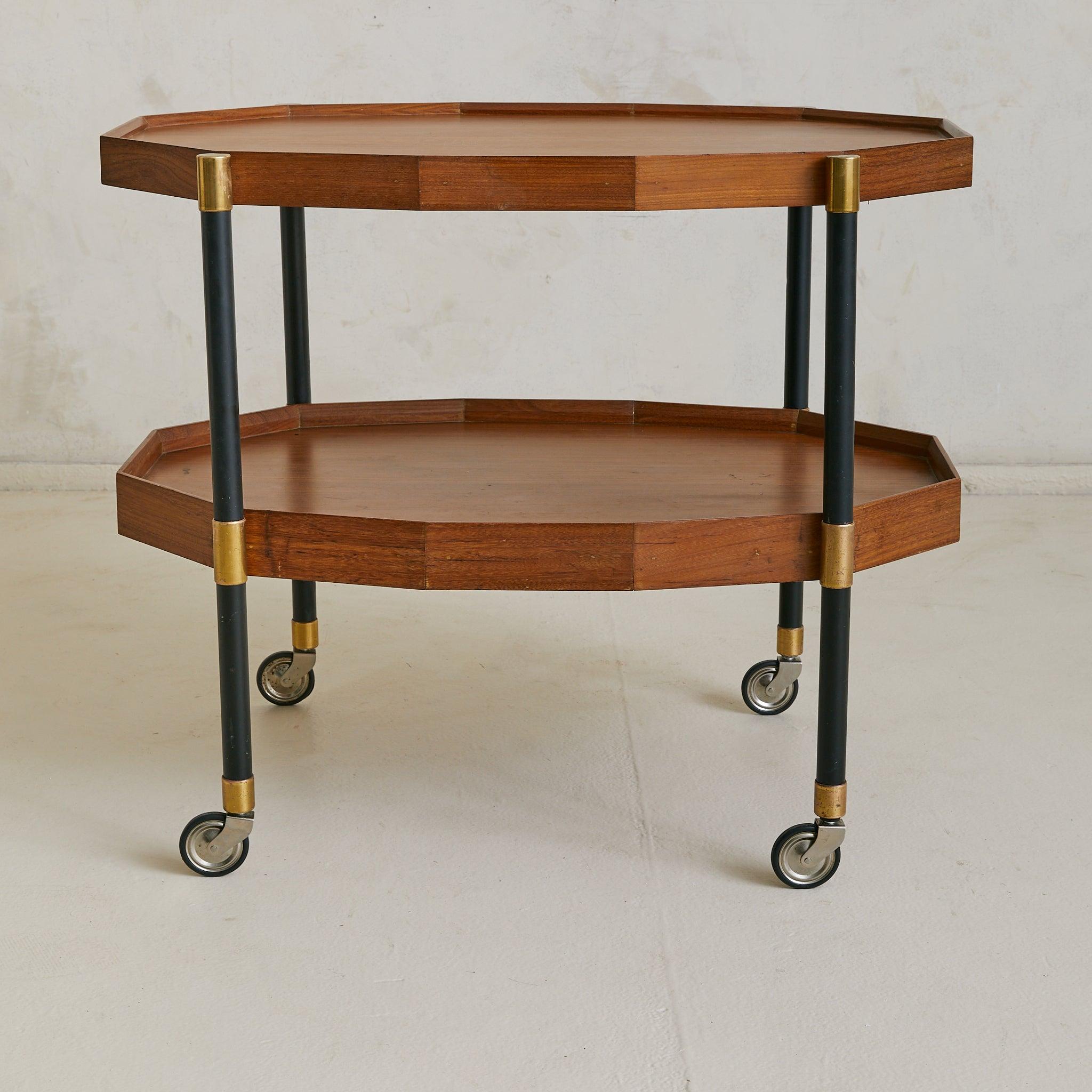 Italian Two-Tier Brass + Wood Bar Cart or Modular Coffee Tables, 1950s For Sale 3