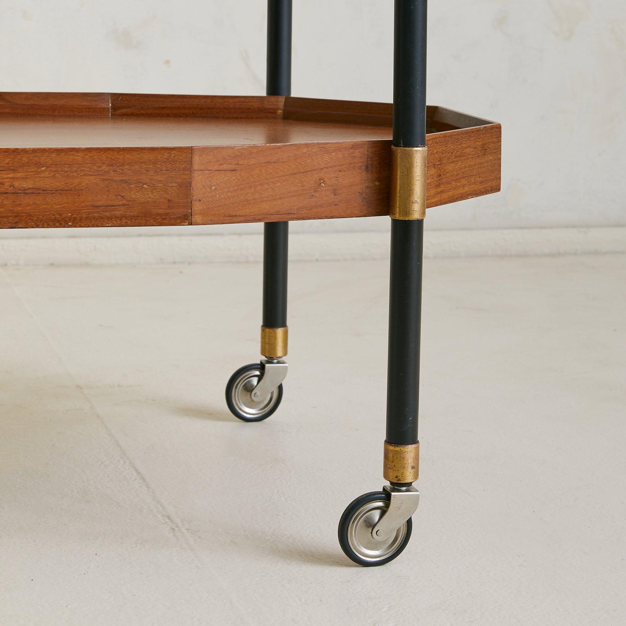 Italian Two-Tier Brass + Wood Bar Cart or Modular Coffee Tables, 1950s For Sale 4