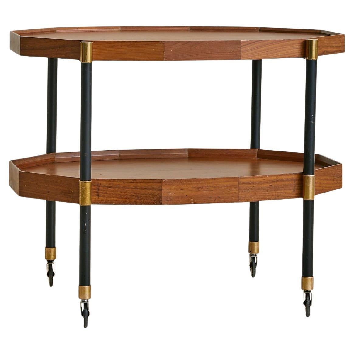 Italian Two-Tier Brass + Wood Bar Cart or Modular Coffee Tables, 1950s For Sale
