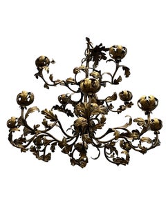Italian Two-Tier Bronze Chandelier Art Nouveau With Leaf Motifs