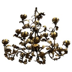 Italian Two-Tier Bronze Chandelier Art Nouveau With Leaf Motifs
