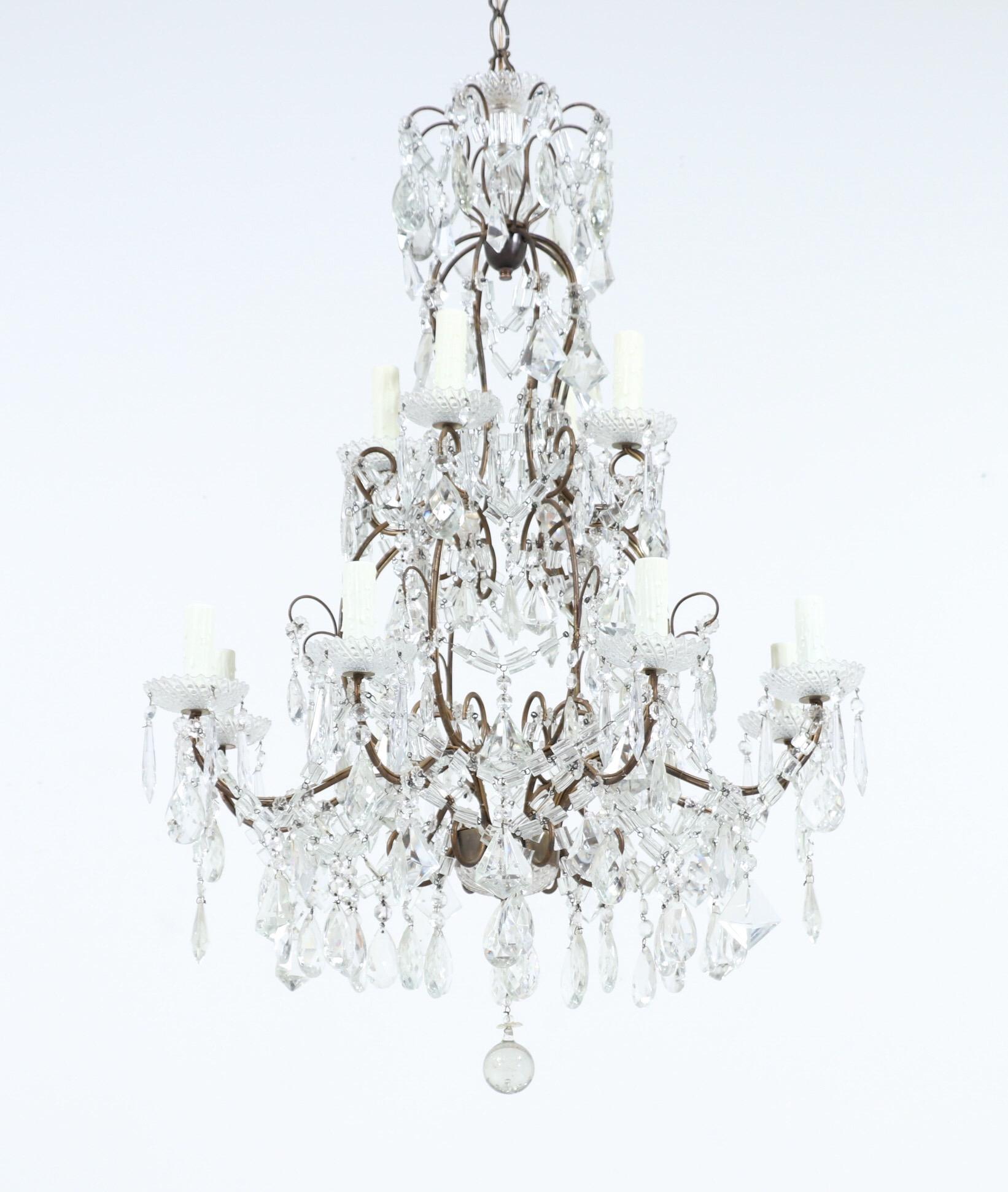 Neoclassical Italian Two-Tier Iron and Crystal Beaded Chandelier