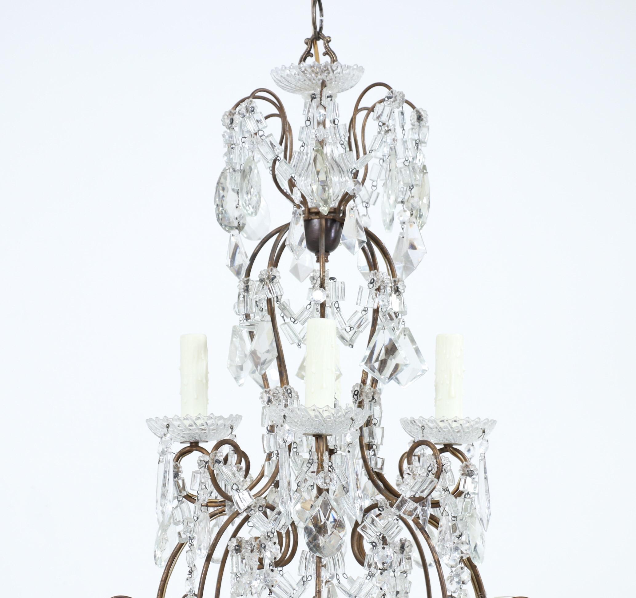 Italian Two-Tier Iron and Crystal Beaded Chandelier In Good Condition In Los Angeles, CA
