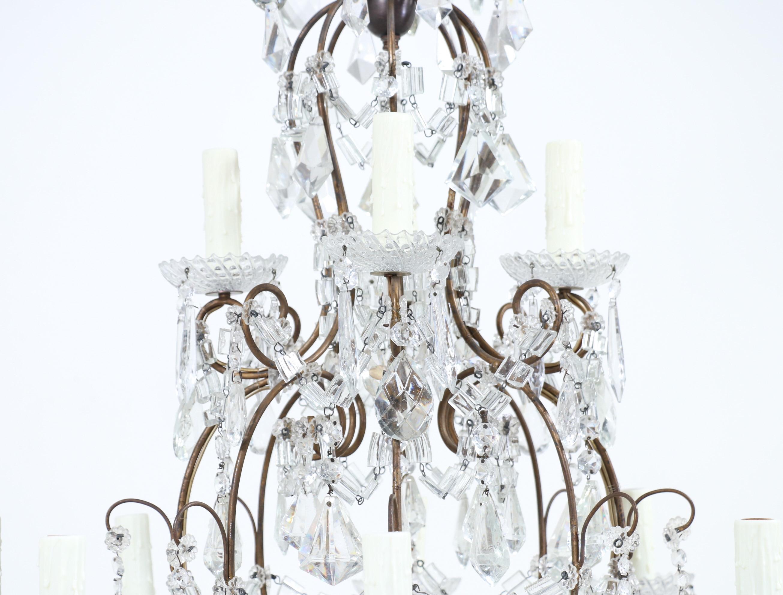 Mid-20th Century Italian Two-Tier Iron and Crystal Beaded Chandelier