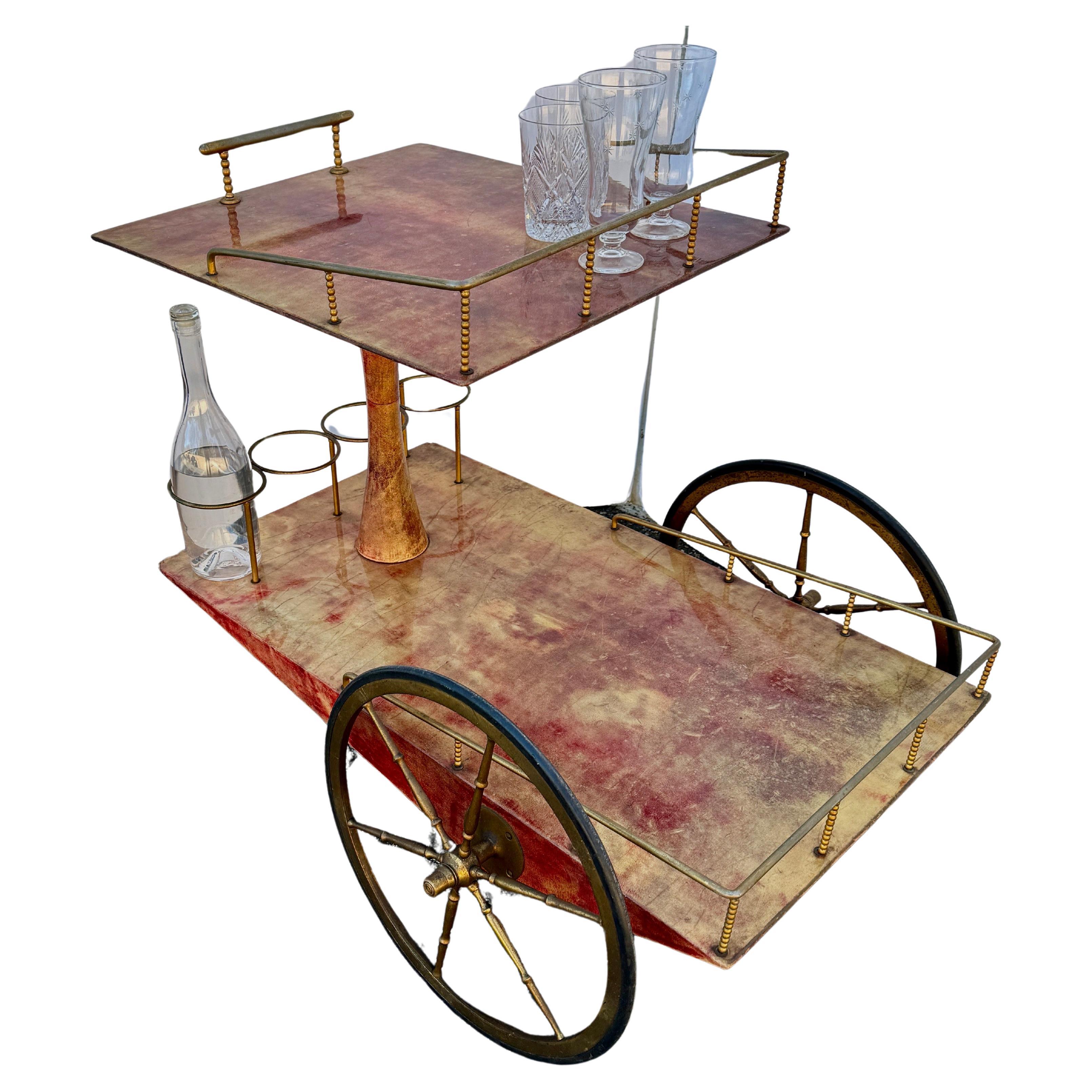 Hand-Crafted Italian Two-Tier Mid-Century Modern Bar Cart Trolley by Aldo Tura  For Sale