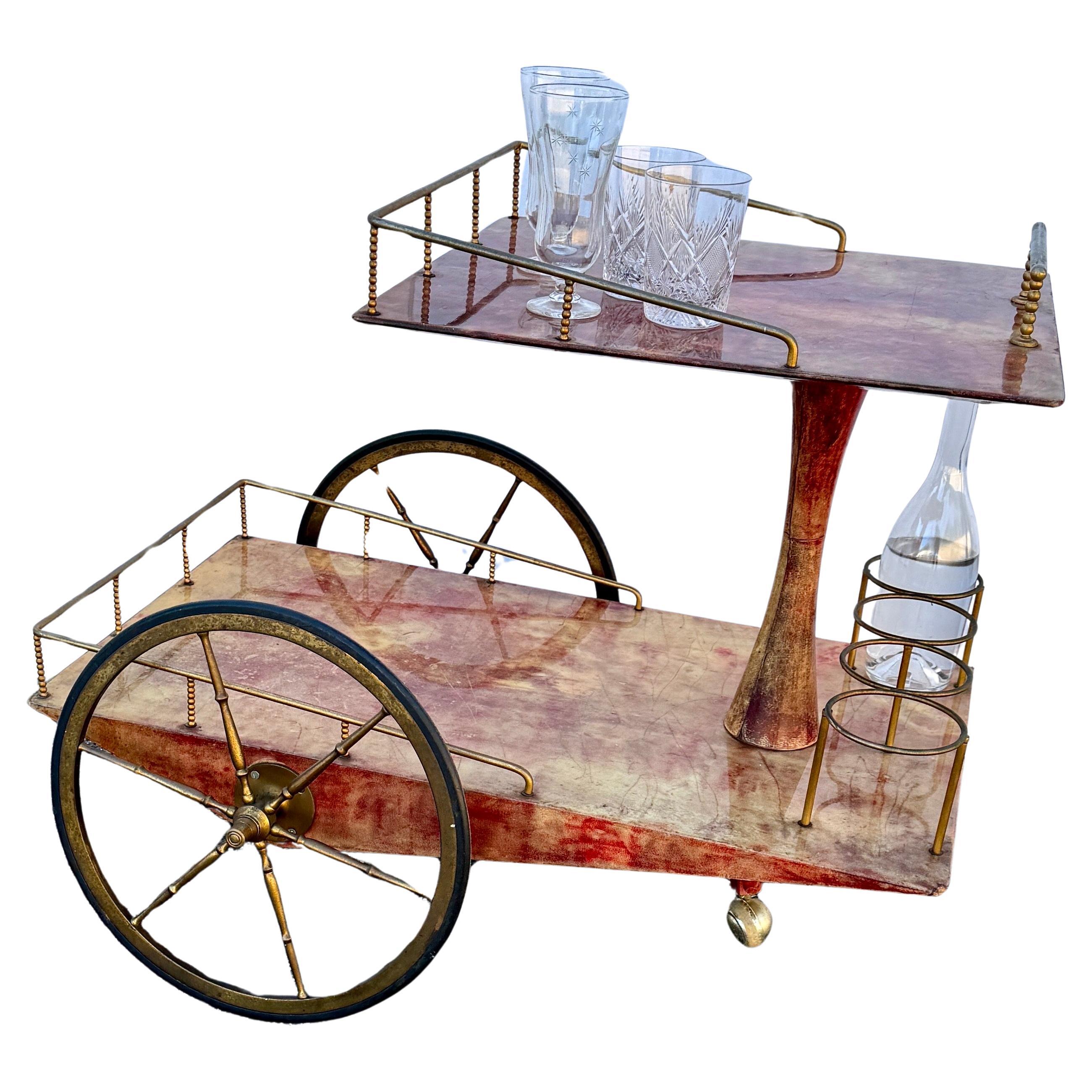Brass Italian Two-Tier Mid-Century Modern Bar Cart Trolley by Aldo Tura  For Sale